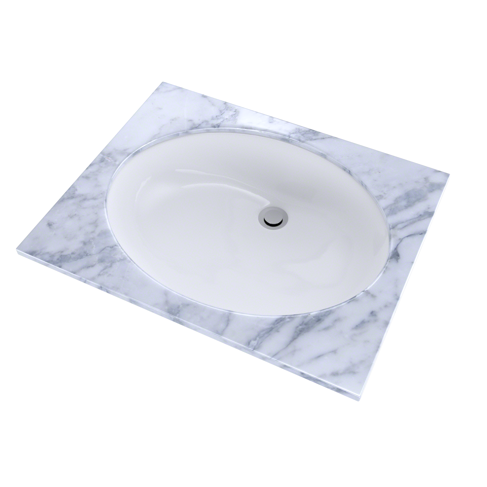 White oval undermount sink with chrome drain, set in marble-patterned countertop surround.
