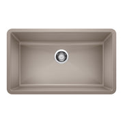 Truffle-colored undermount kitchen sink with single rectangular bowl and chrome drain strainer, viewed from above.
