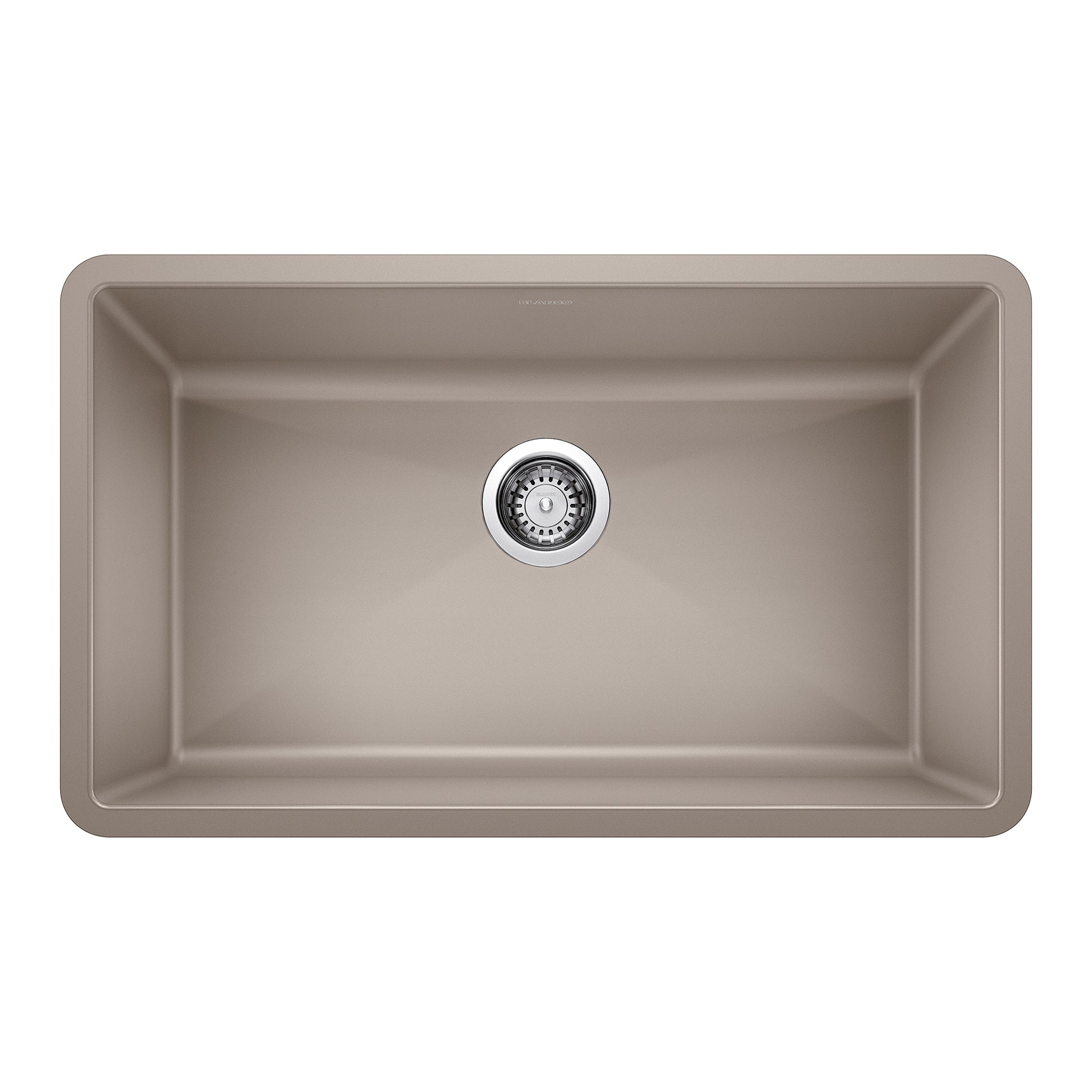 Truffle-colored undermount kitchen sink with single rectangular bowl and chrome drain strainer, viewed from above.