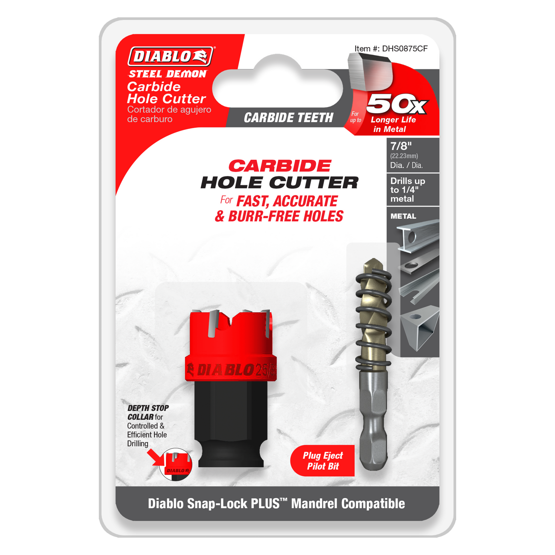 Diablo Steel Demon 7/8 inch carbide hole cutter with red cutting head, black collar, and spiral pilot bit on packaging.