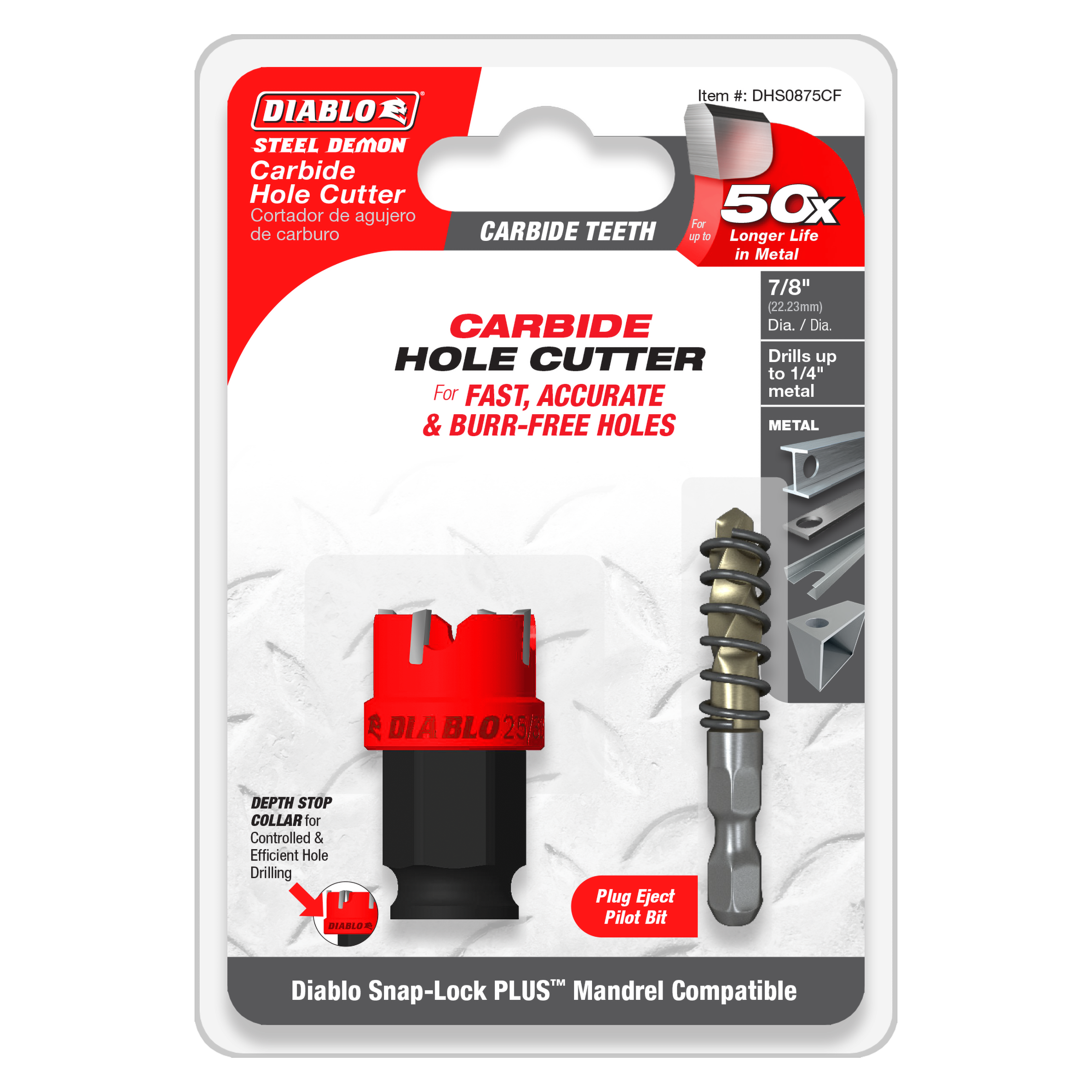 Diablo Steel Demon 7/8 inch carbide hole cutter with red cutting head, black collar, and spiral pilot bit on packaging.