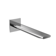 Polished chrome wall-mounted bathroom faucet with curved spout and square backplate.
