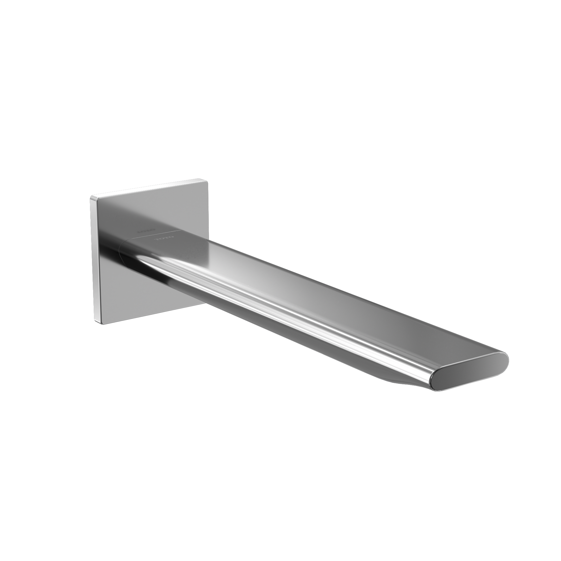 Polished chrome wall-mounted bathroom faucet with rectangular spout and square mounting plate.