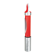 Red and silver panel pilot bit with cylindrical body and angled cutting head on white background.