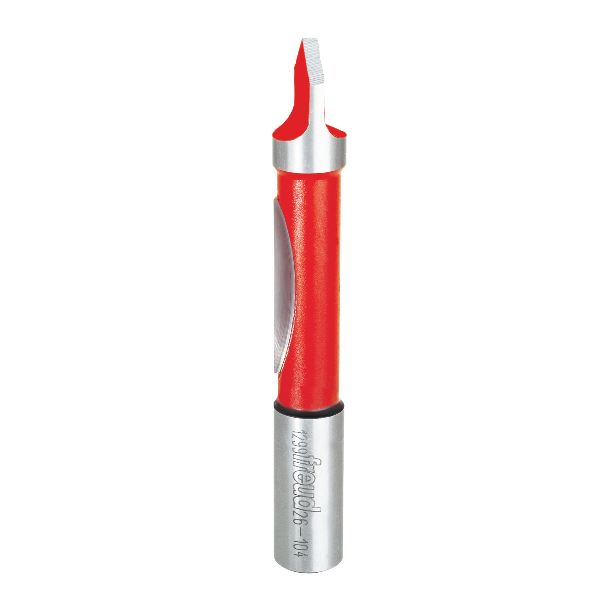 Red and silver panel pilot bit with cylindrical body and angled cutting head on white background.