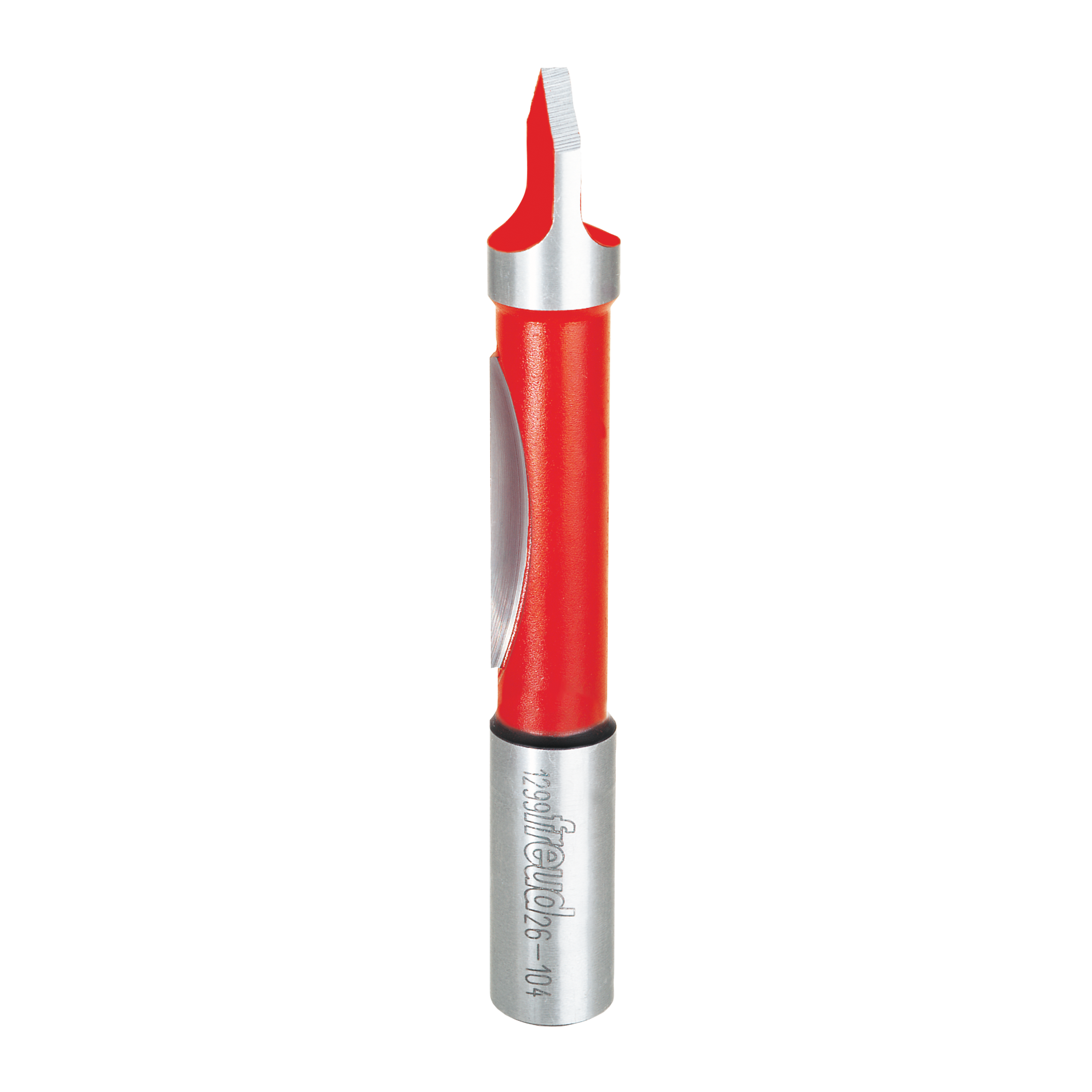 Red and silver panel pilot bit with cylindrical body and angled cutting head on white background.