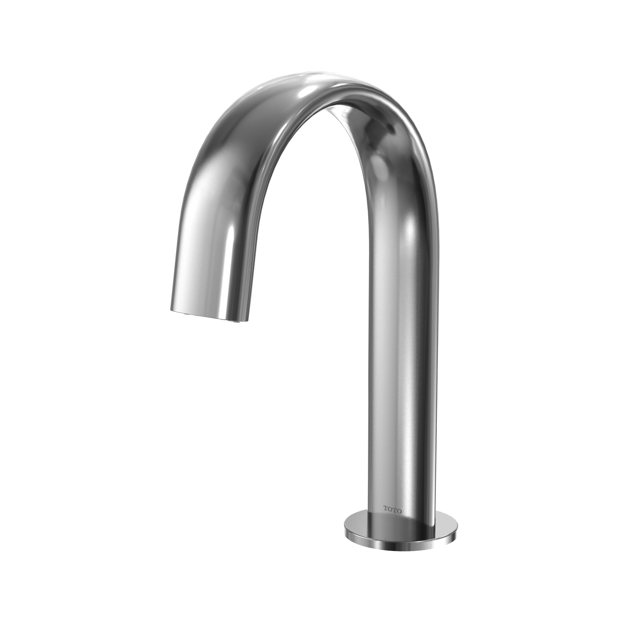 Polished chrome gooseneck bathroom faucet with curved spout and cylindrical base.