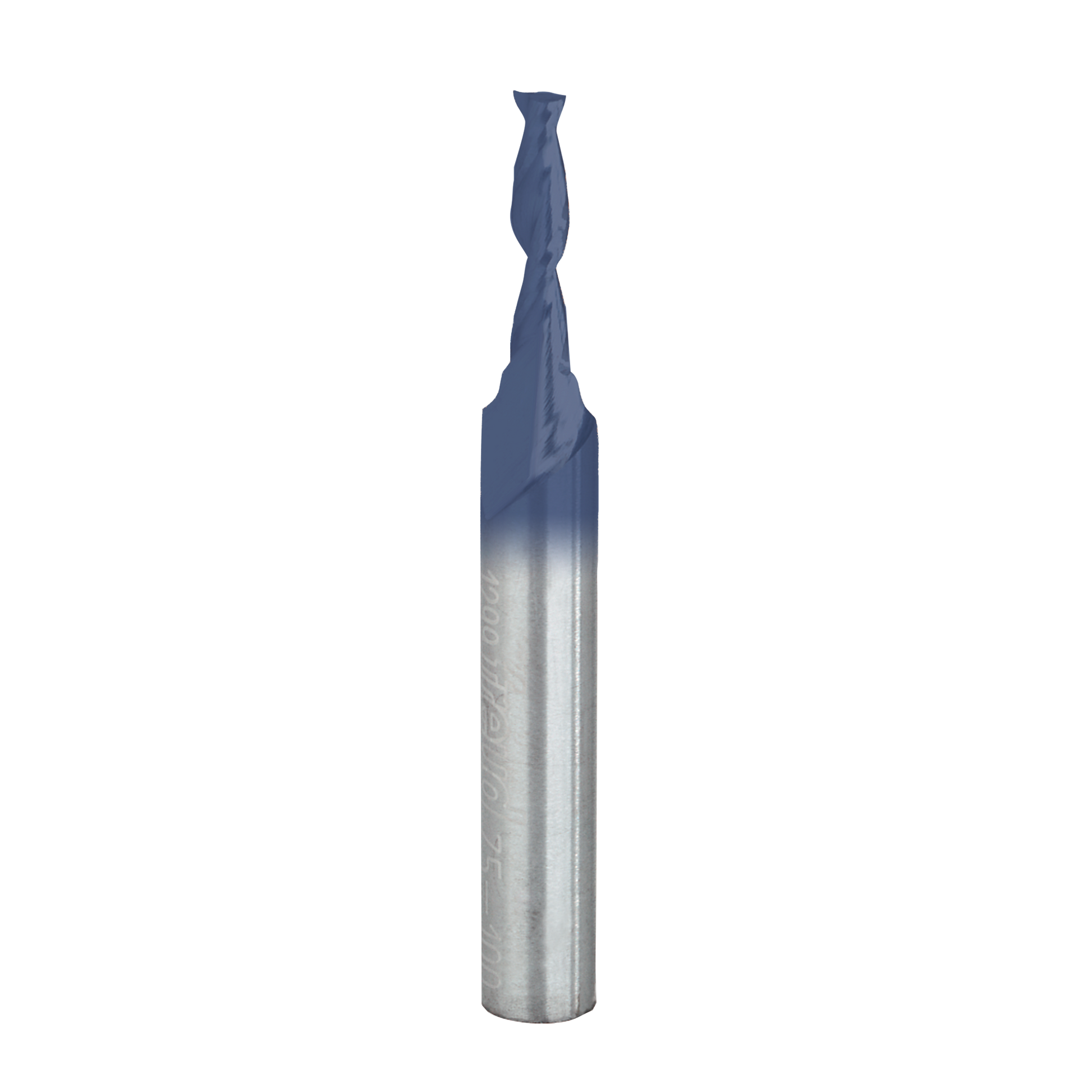 Freud 1/8" up spiral router bit with blue coating and silver shank on white background.