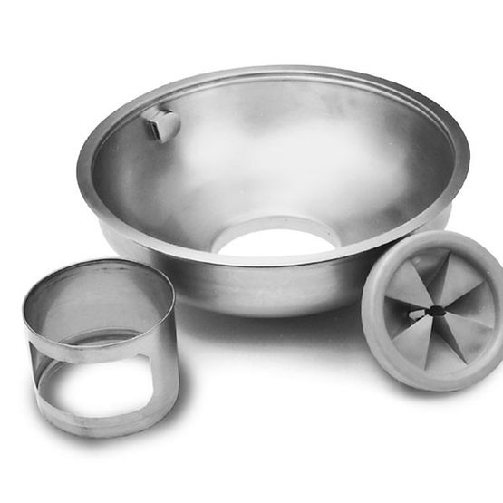 Stainless steel sink disposer mounting assembly with large bowl, splash baffle, nozzle, and perforated cover.