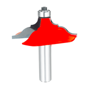 Red router bit with silver shank and curved cutting edges for edge profiling.
