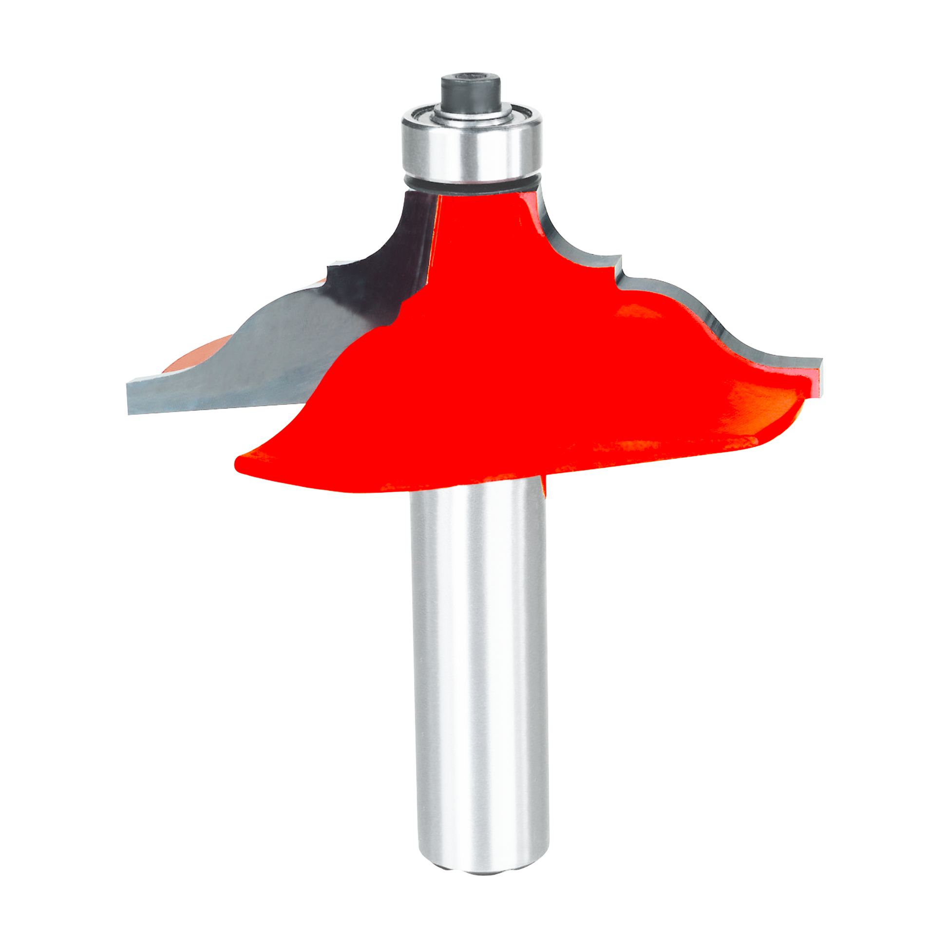 Red router bit with silver shank and curved cutting edges for edge profiling.