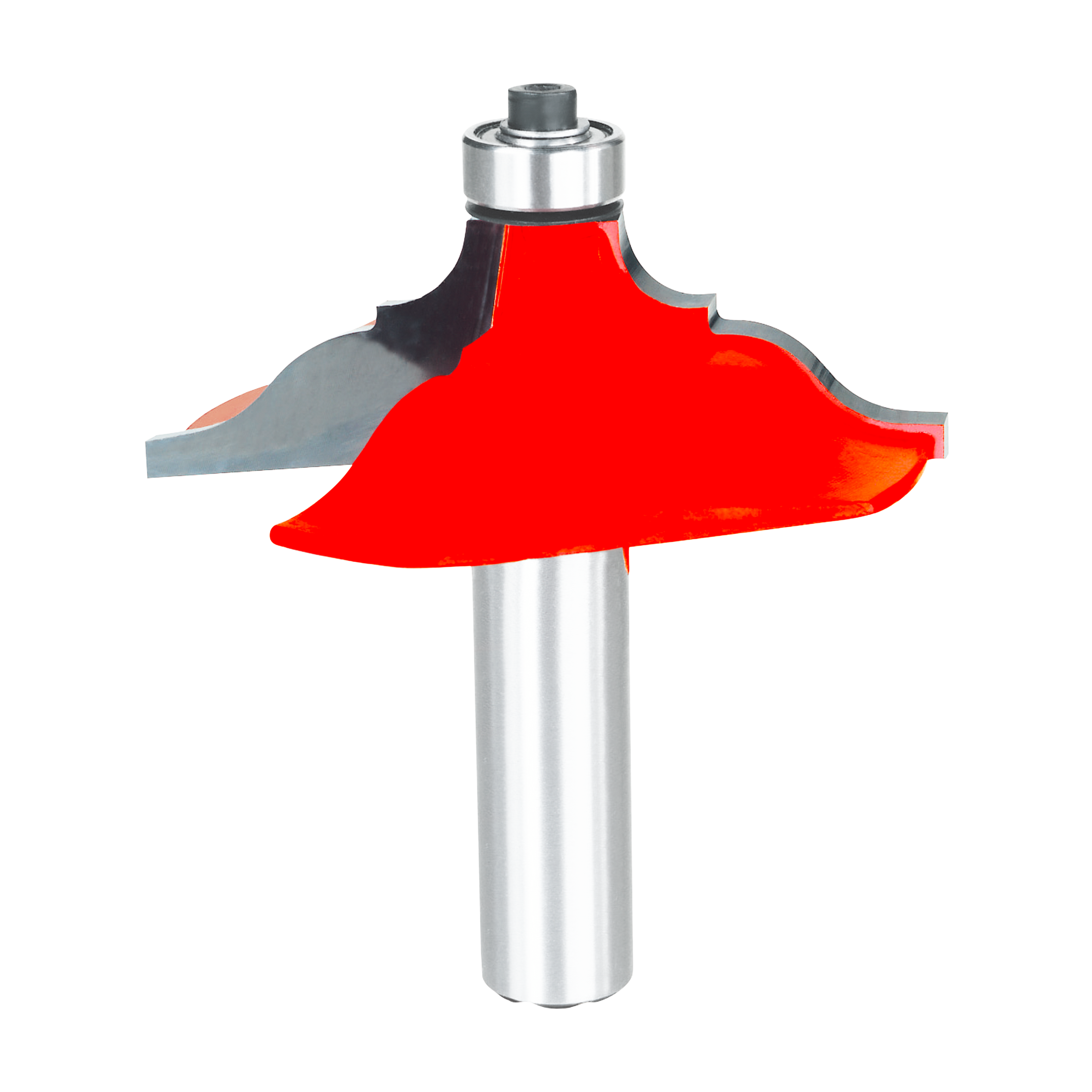 Red router bit with silver shank and curved cutting edges for edge profiling.