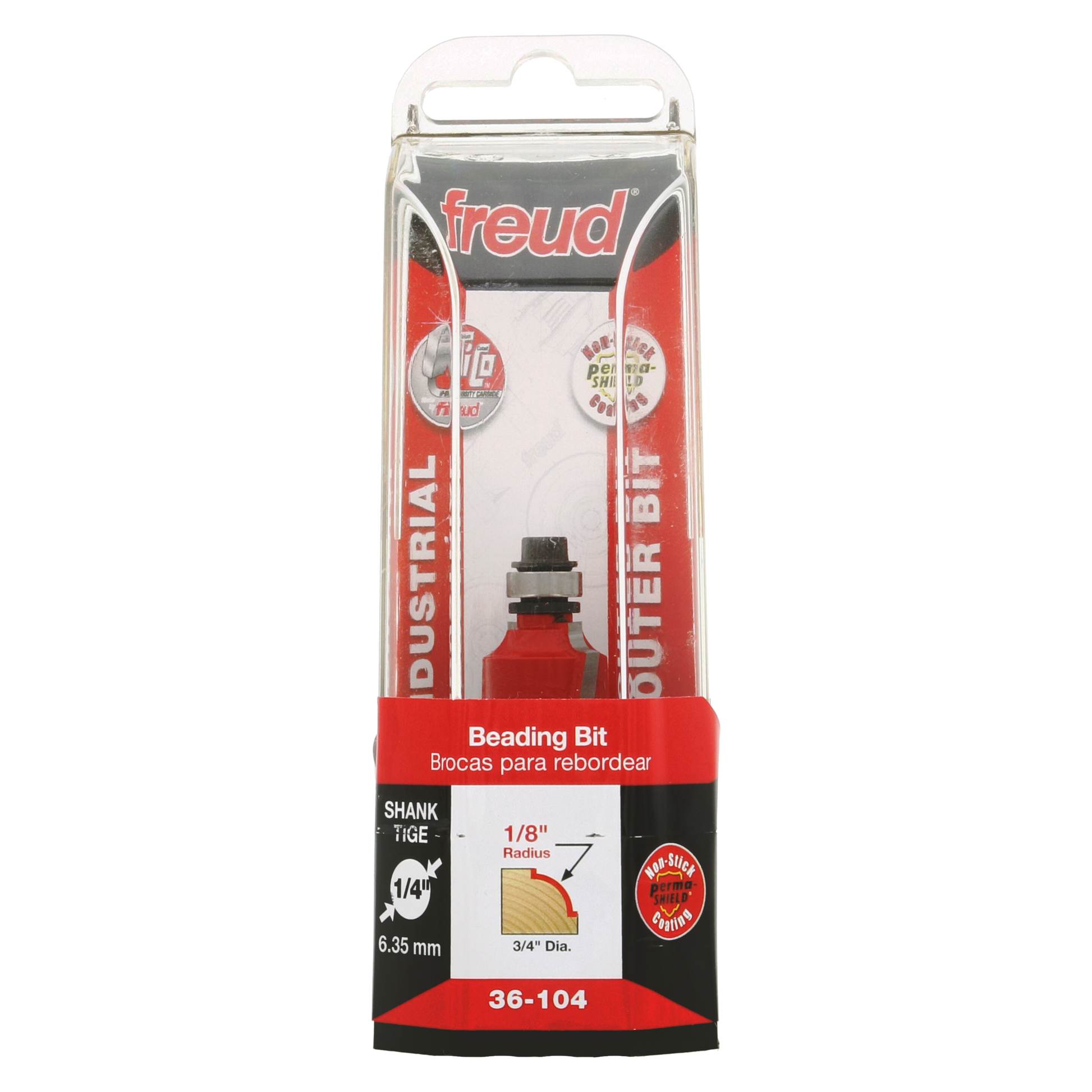 Freud 36-104 beading bit with red cutting head, 1/8" radius, 1/4" shank in clear plastic clamshell packaging.