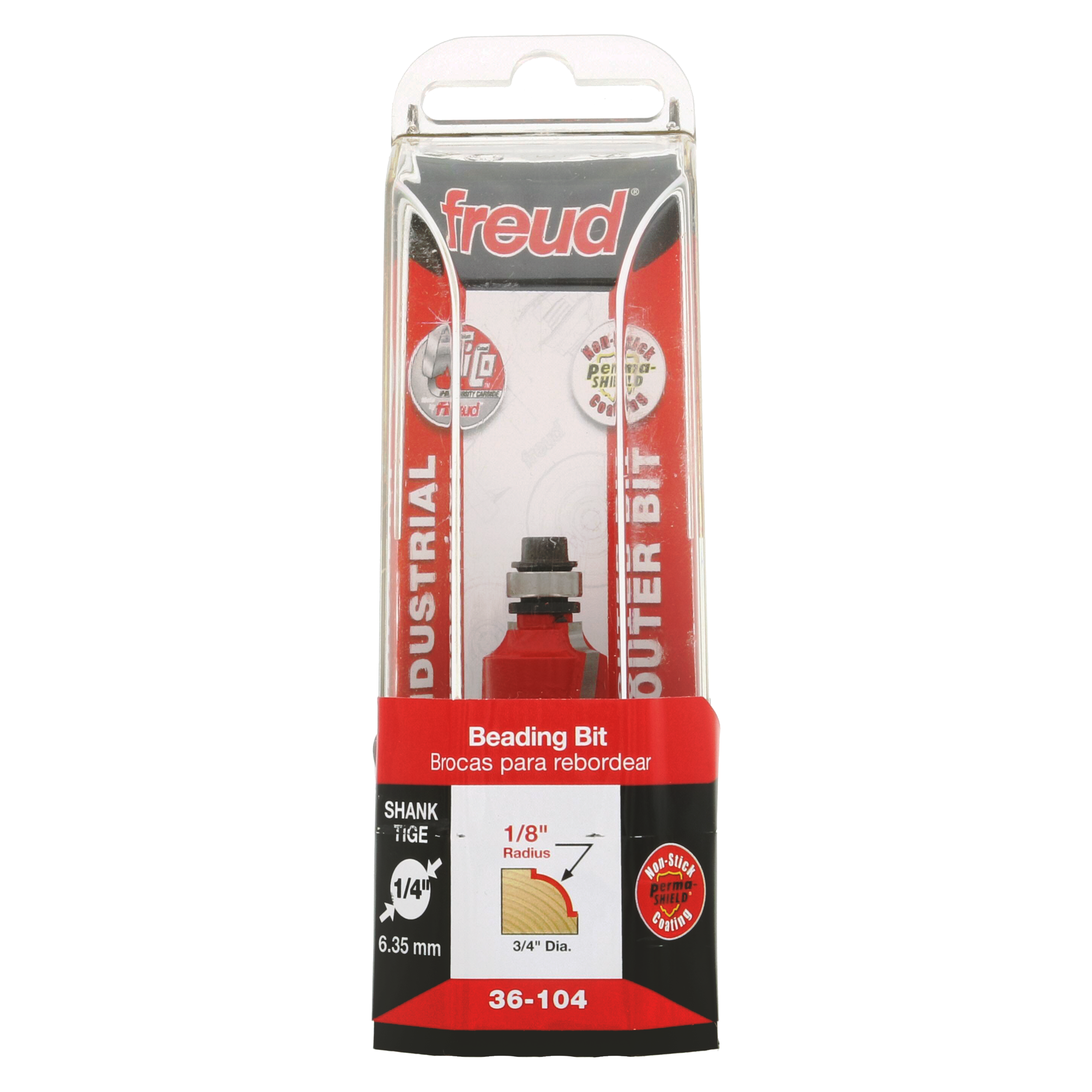 Freud 36-104 beading bit with red cutting head, 1/8" radius, 1/4" shank in clear plastic clamshell packaging.