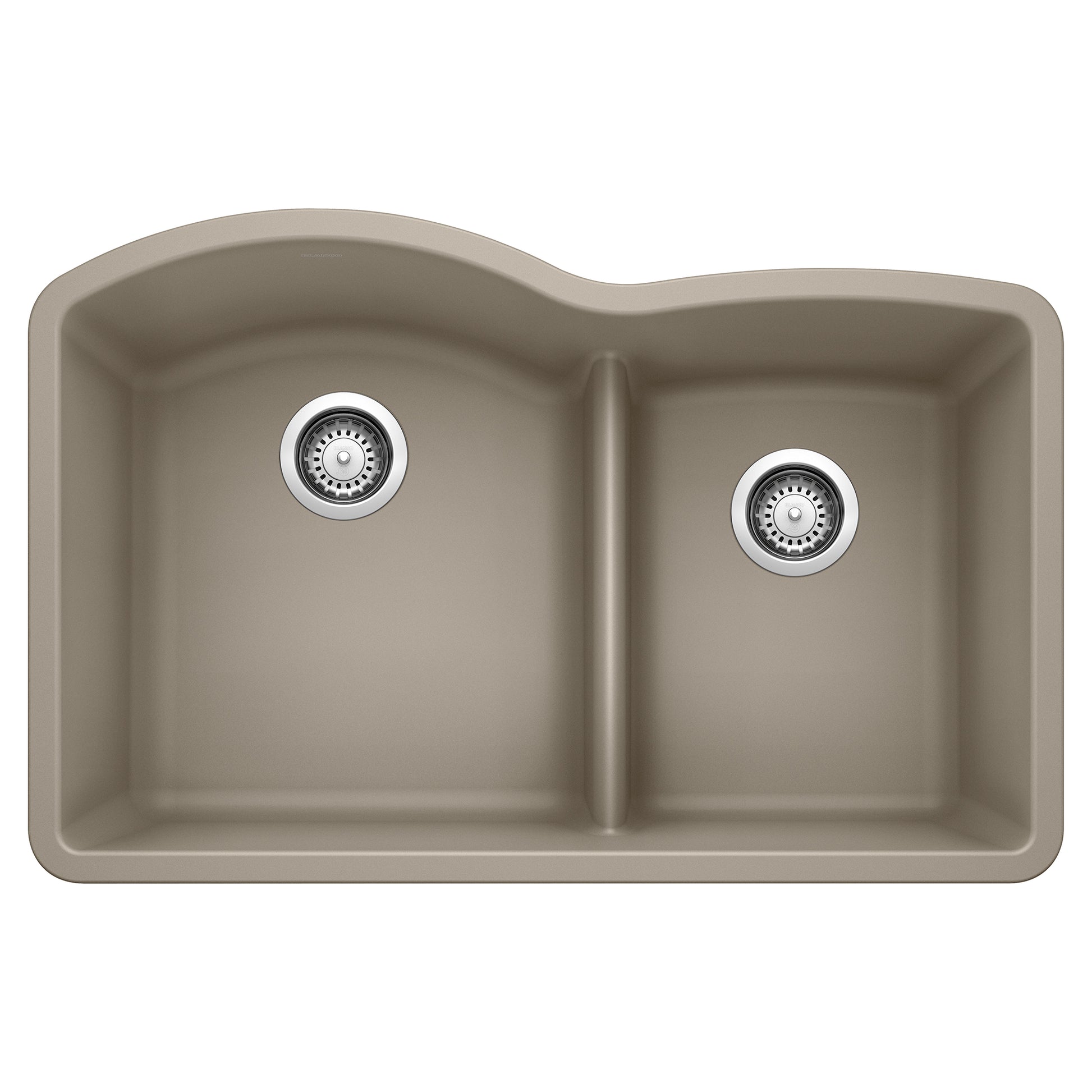 Truffle-colored undermount kitchen sink with two unequal basins, low divider, and chrome drain fittings.