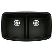 Coal black 50/50 double bowl kitchen sink with low divider and stainless steel drain fixtures.