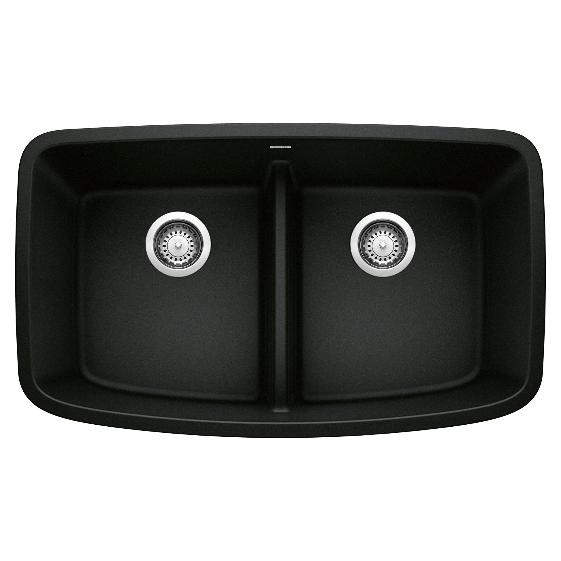 Coal black 50/50 double bowl kitchen sink with low divider and stainless steel drain fixtures.
