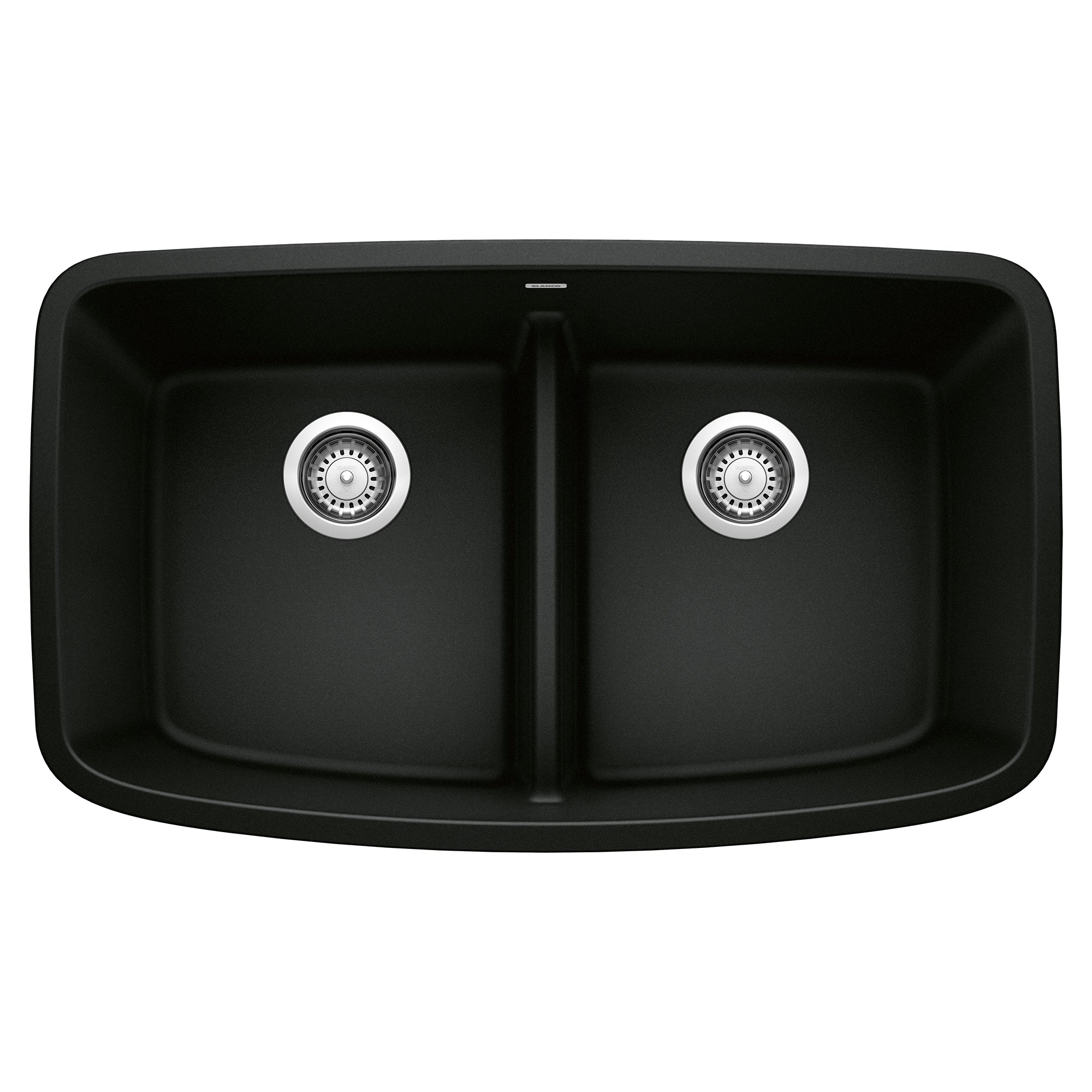 Coal black 50/50 double bowl kitchen sink with low divider and stainless steel drain fixtures.