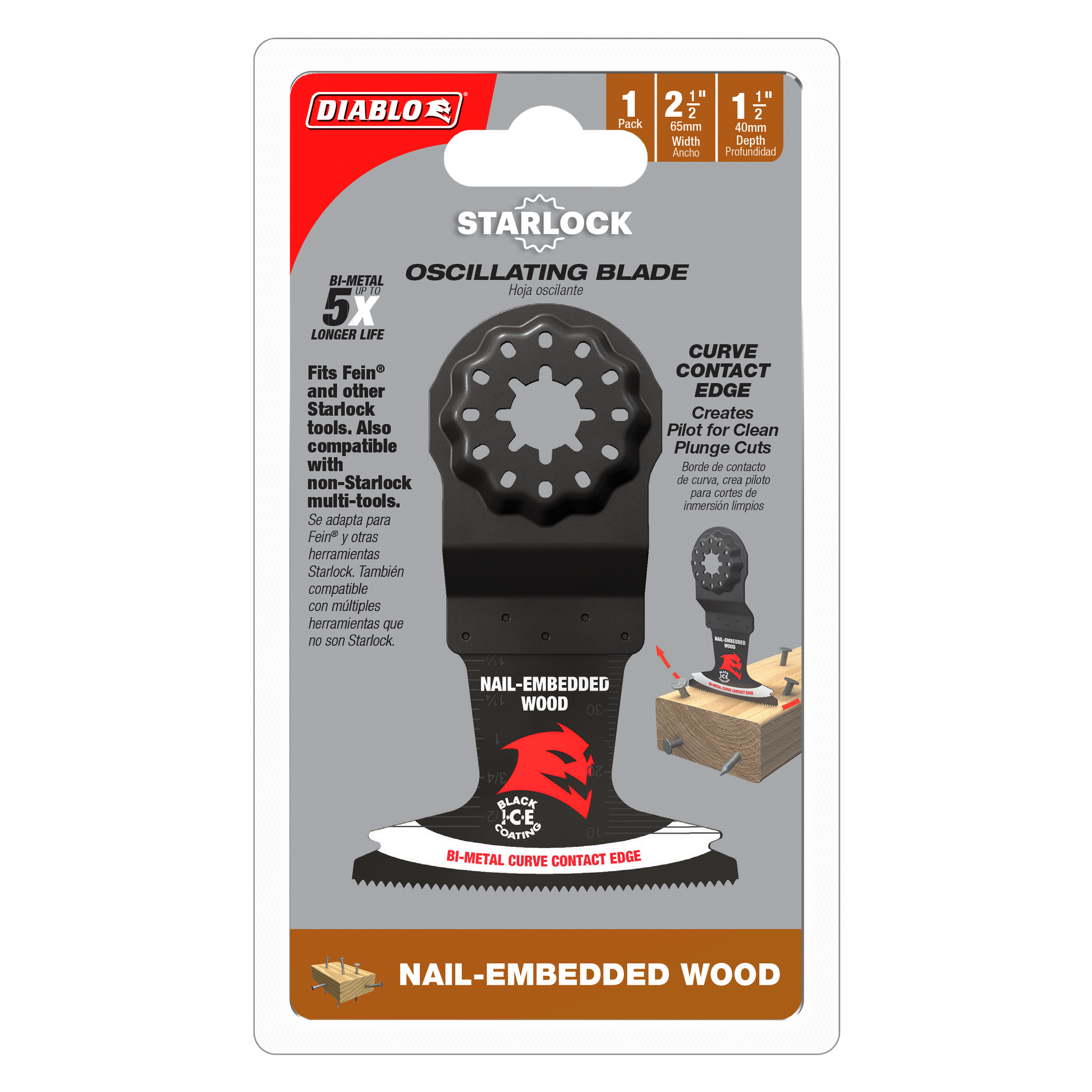 Diablo Starlock bi-metal oscillating blade with curved contact edge and serrated cutting surface for nail-embedded wood appli