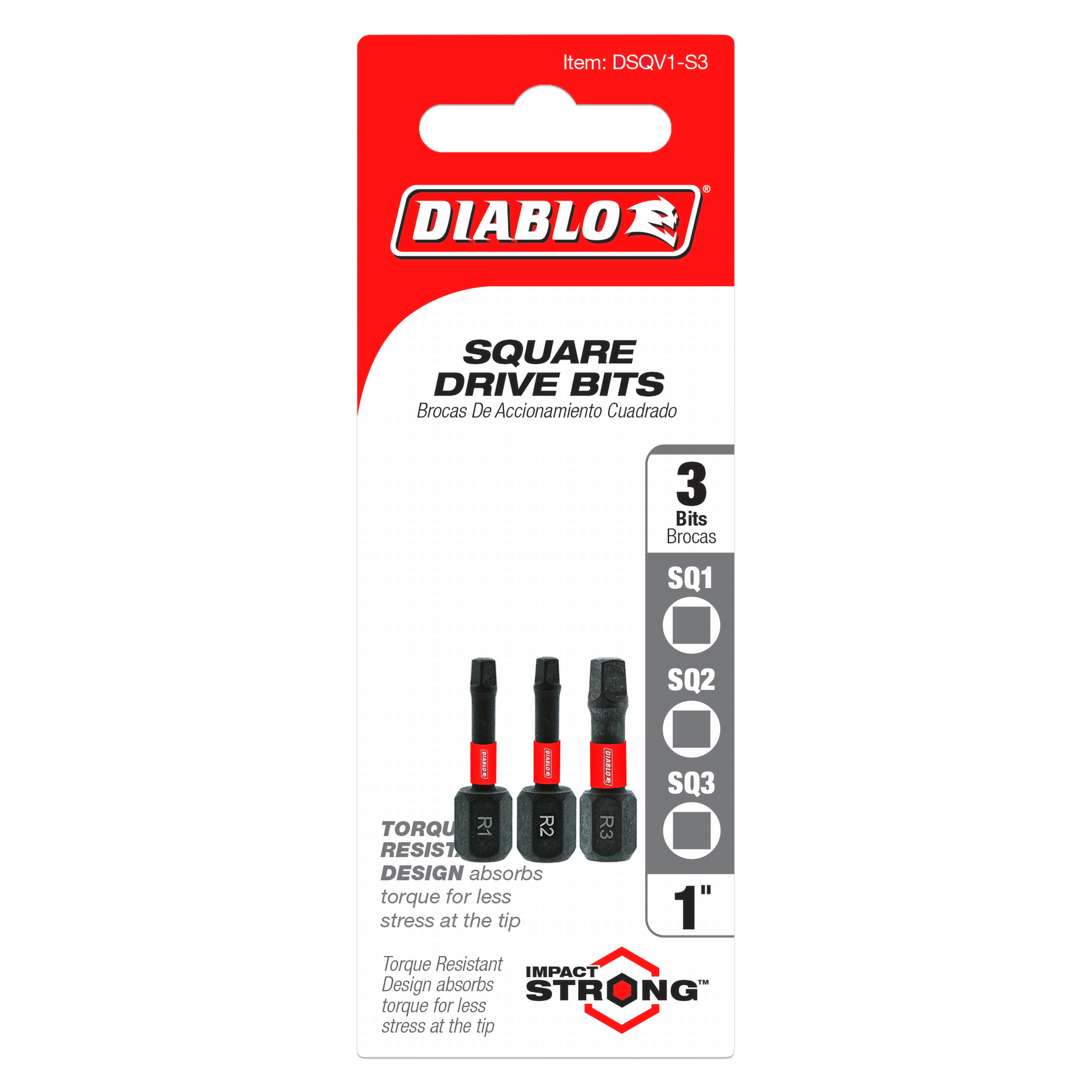 Three black and red Diablo 1-inch square drive bits (SQ1, SQ2, SQ3) in retail packaging.