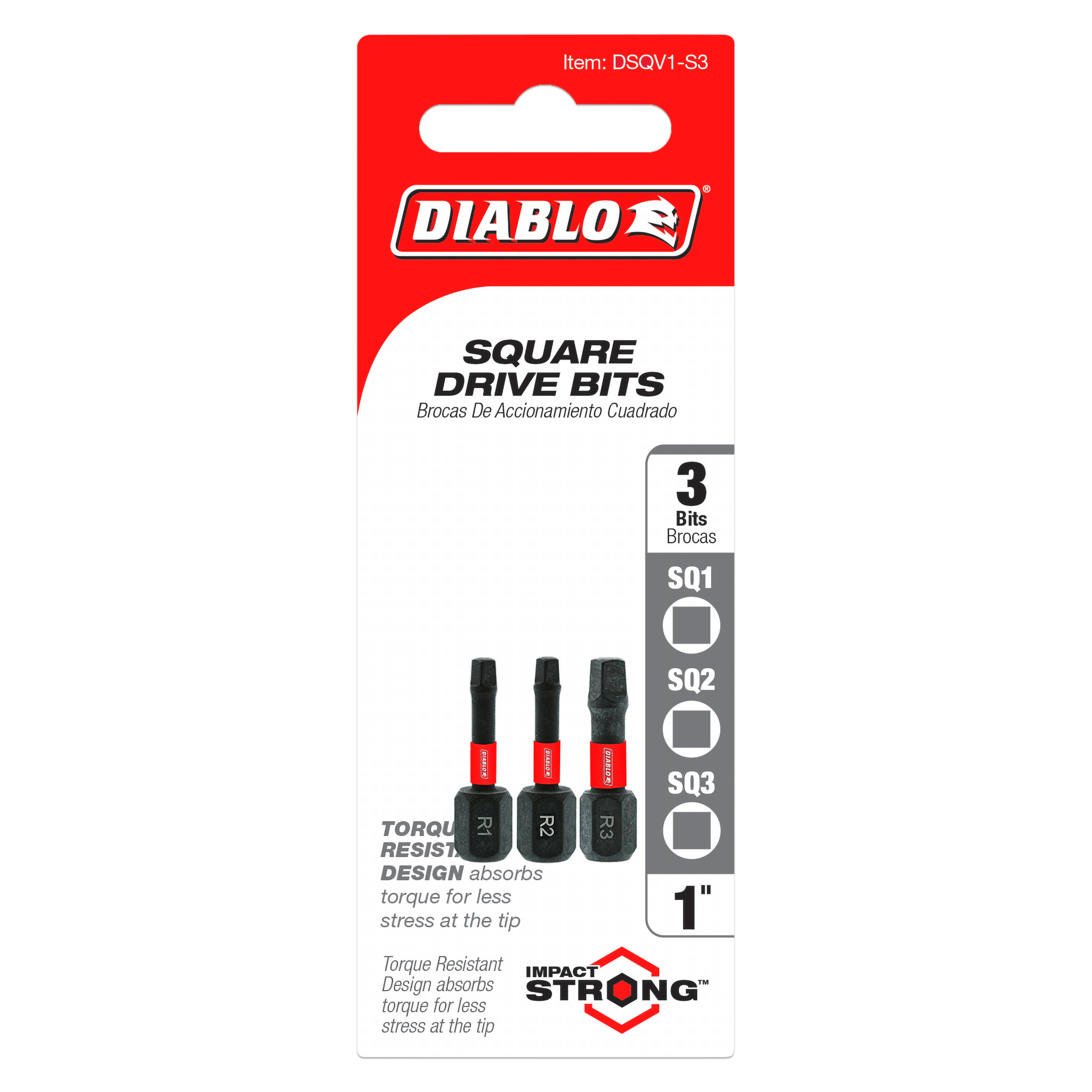 Three black and red Diablo 1-inch square drive bits (SQ1, SQ2, SQ3) in retail packaging.