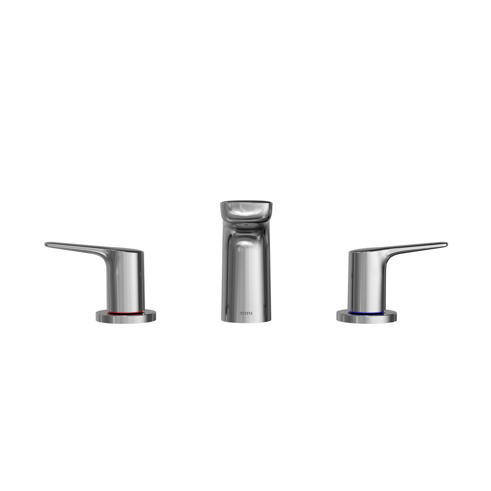 Polished chrome two-handle roman tub filler trim with center spout and lever handles on circular bases.