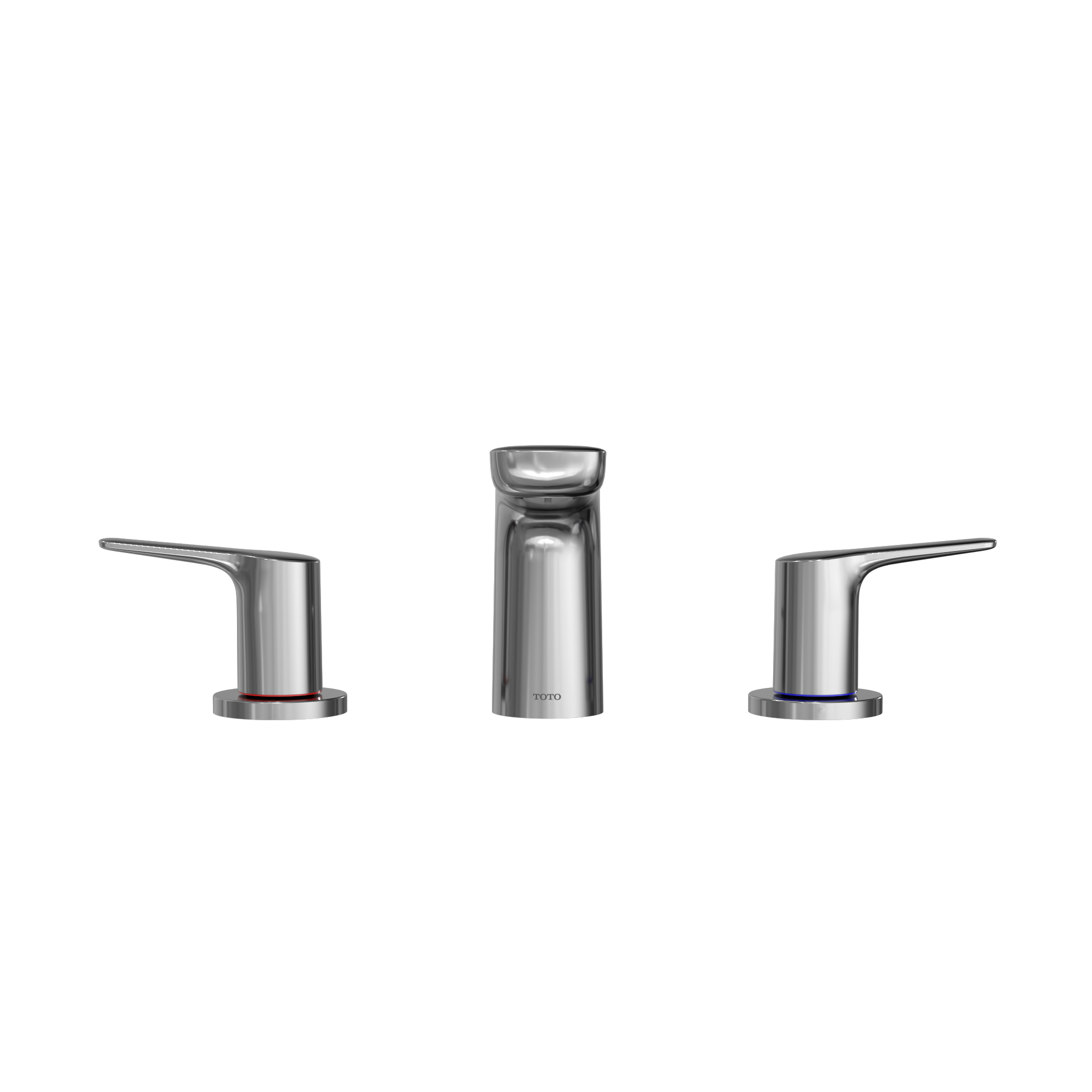 Polished chrome two-handle roman tub filler trim with center spout and lever handles on circular bases.