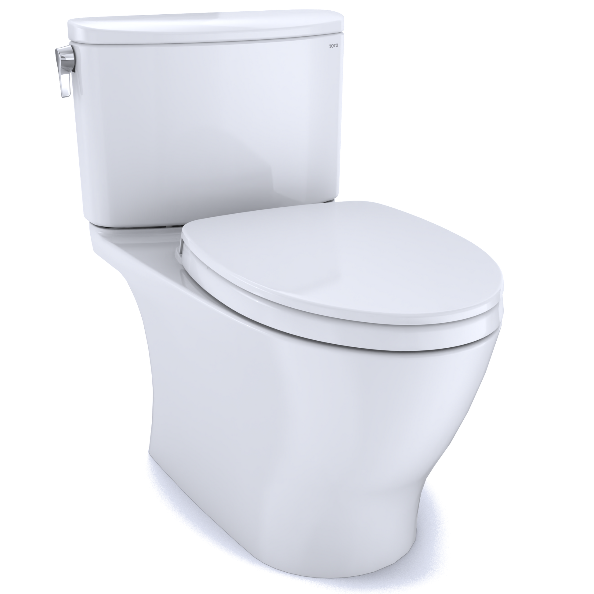 Cotton white two-piece elongated toilet with soft-close seat and separate tank visible from front angle.