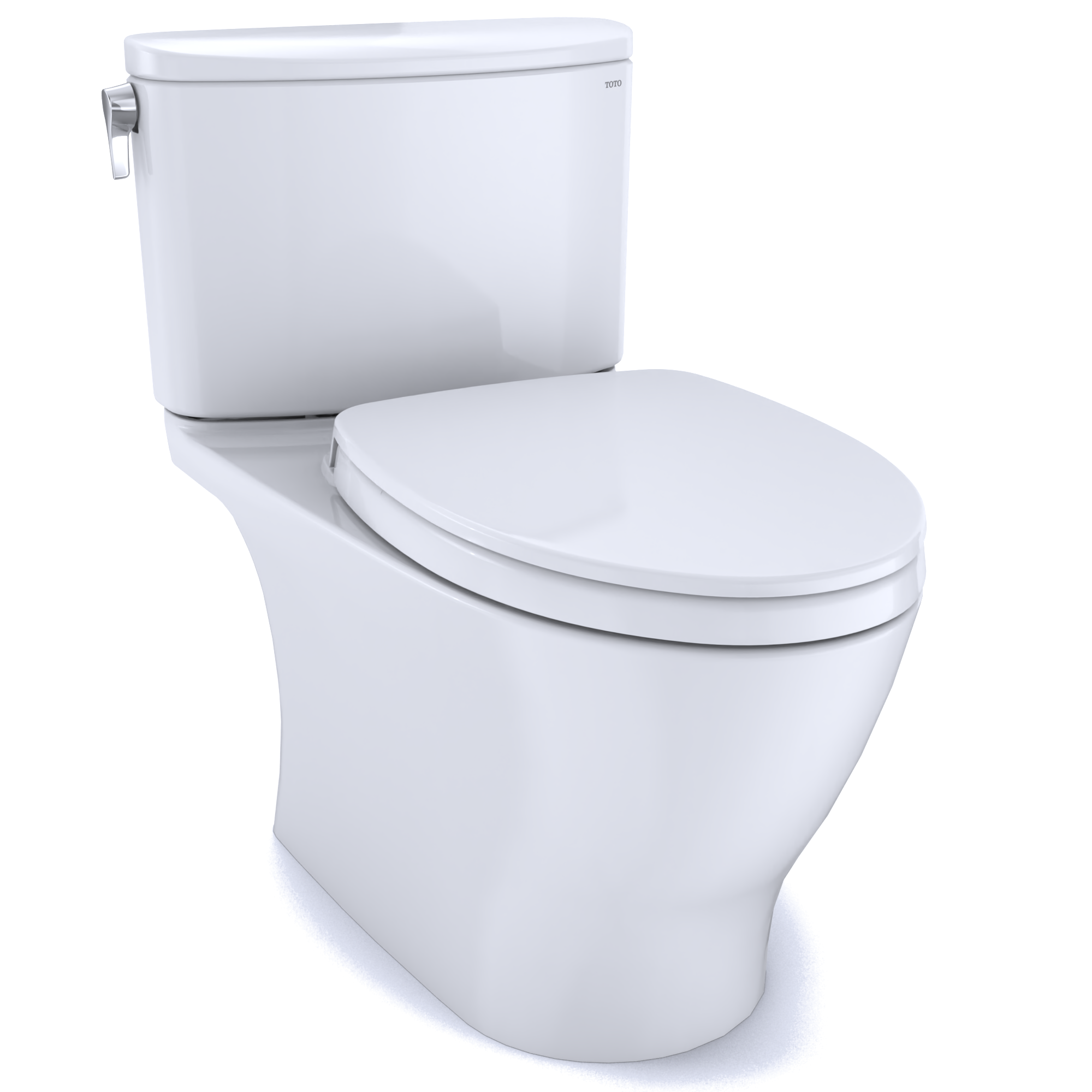 Cotton white two-piece elongated toilet with soft-close seat and separate tank visible from front angle.