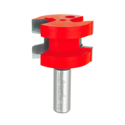 Red and silver wedge tongue and groove router bit with cylindrical shank and dual cutting profiles.