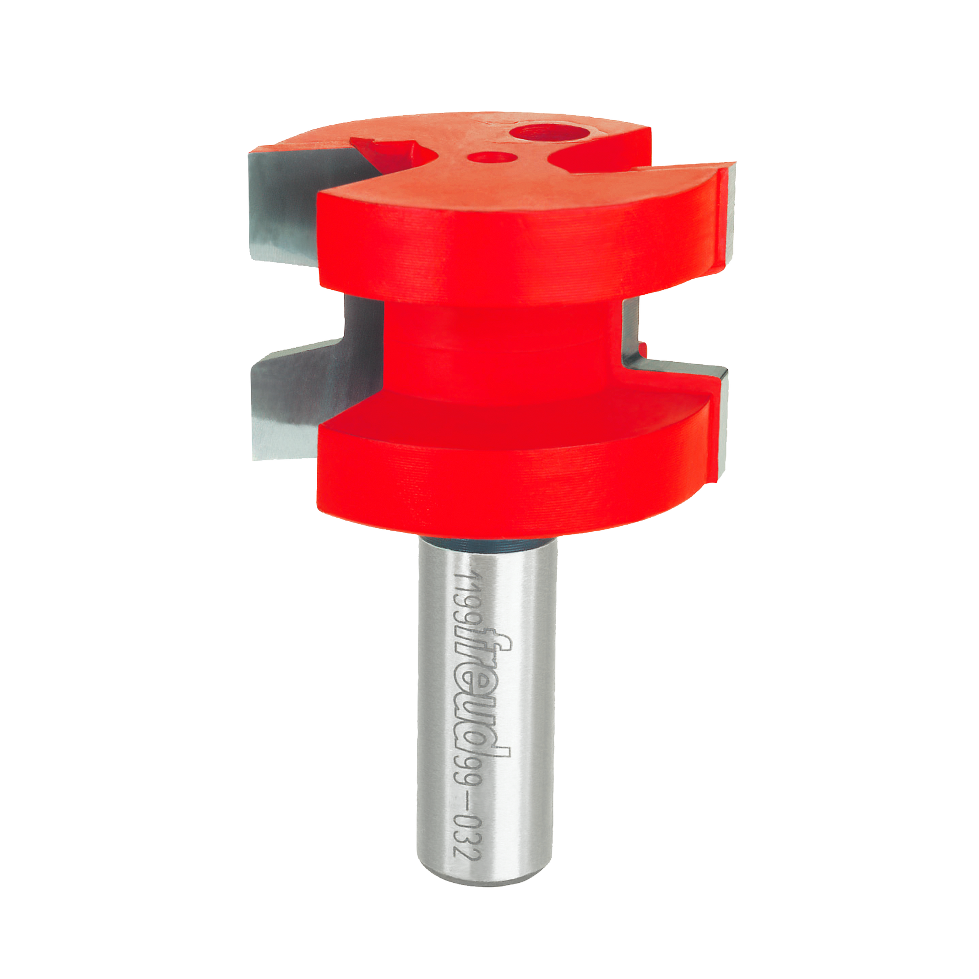 Red and silver wedge tongue and groove router bit with cylindrical shank and dual cutting profiles.