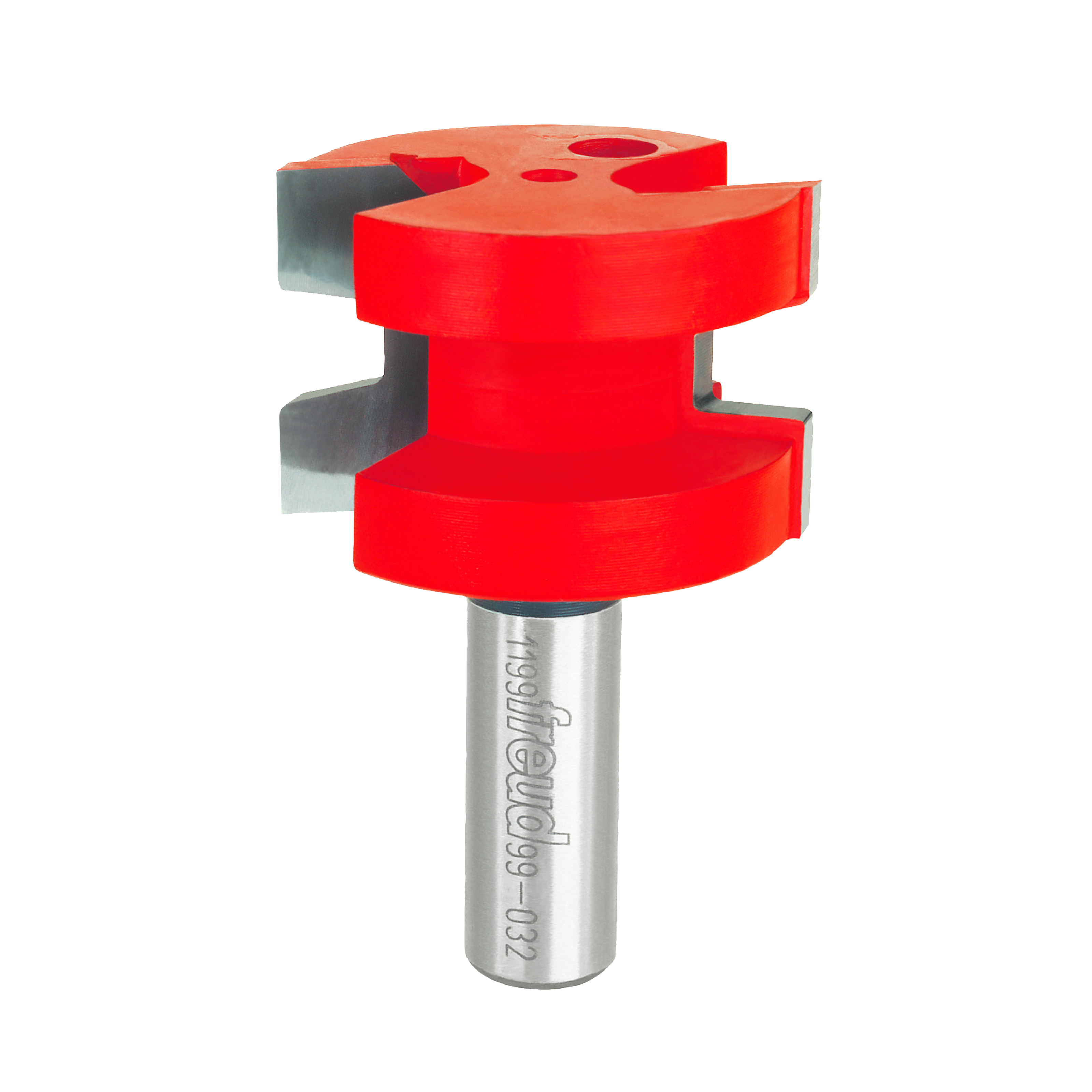 Red and silver wedge tongue and groove router bit with cylindrical shank and dual cutting profiles.