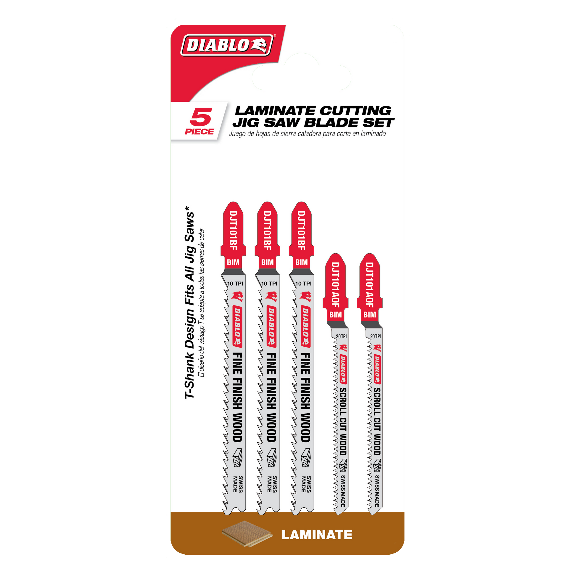 Five Diablo bi-metal T-shank jig saw blades with varying tooth counts displayed on packaging labeled for laminate cutting.