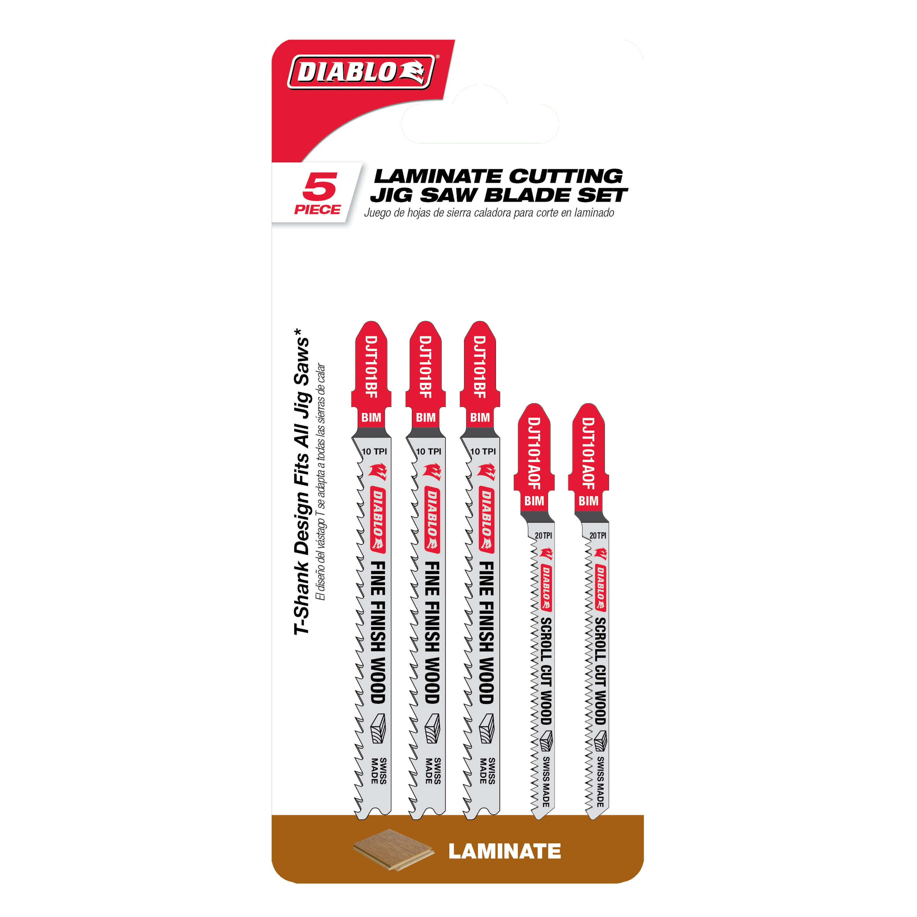 Five Diablo bi-metal T-shank jig saw blades with varying tooth counts displayed on packaging labeled for laminate cutting.