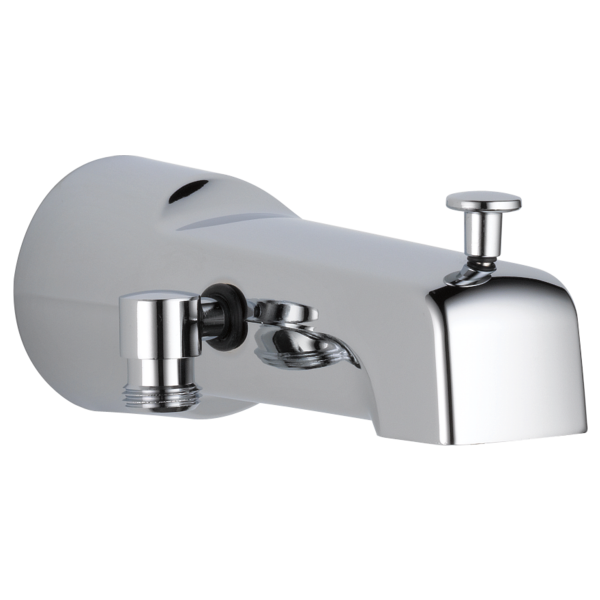 Chrome and gray tub spout with diverter lever, handshower connection port, and wall-mount escutcheon plate.