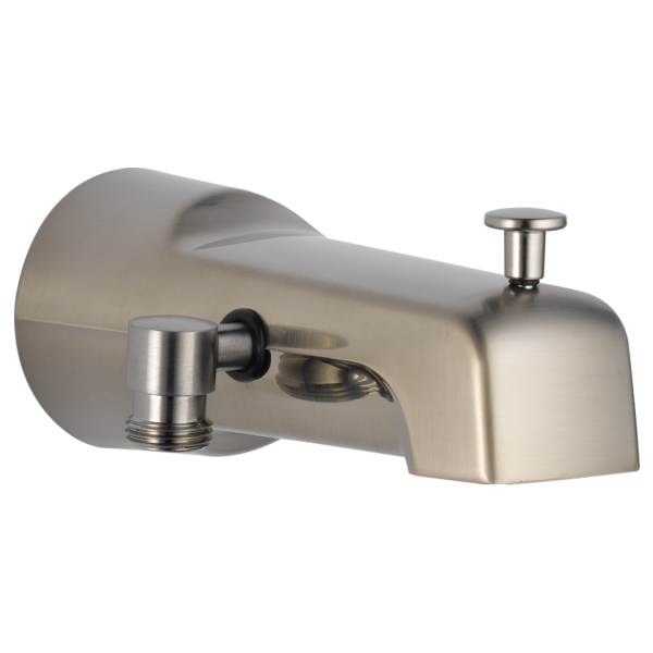 Brushed nickel tub spout with diverter lever and handshower outlet on wall-mounted base.