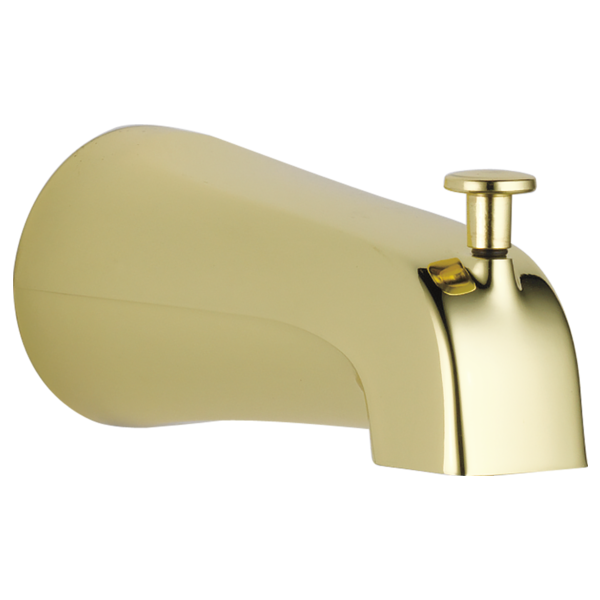 Polished brass tub spout with diverter lever and curved water outlet spout mounted on white background.