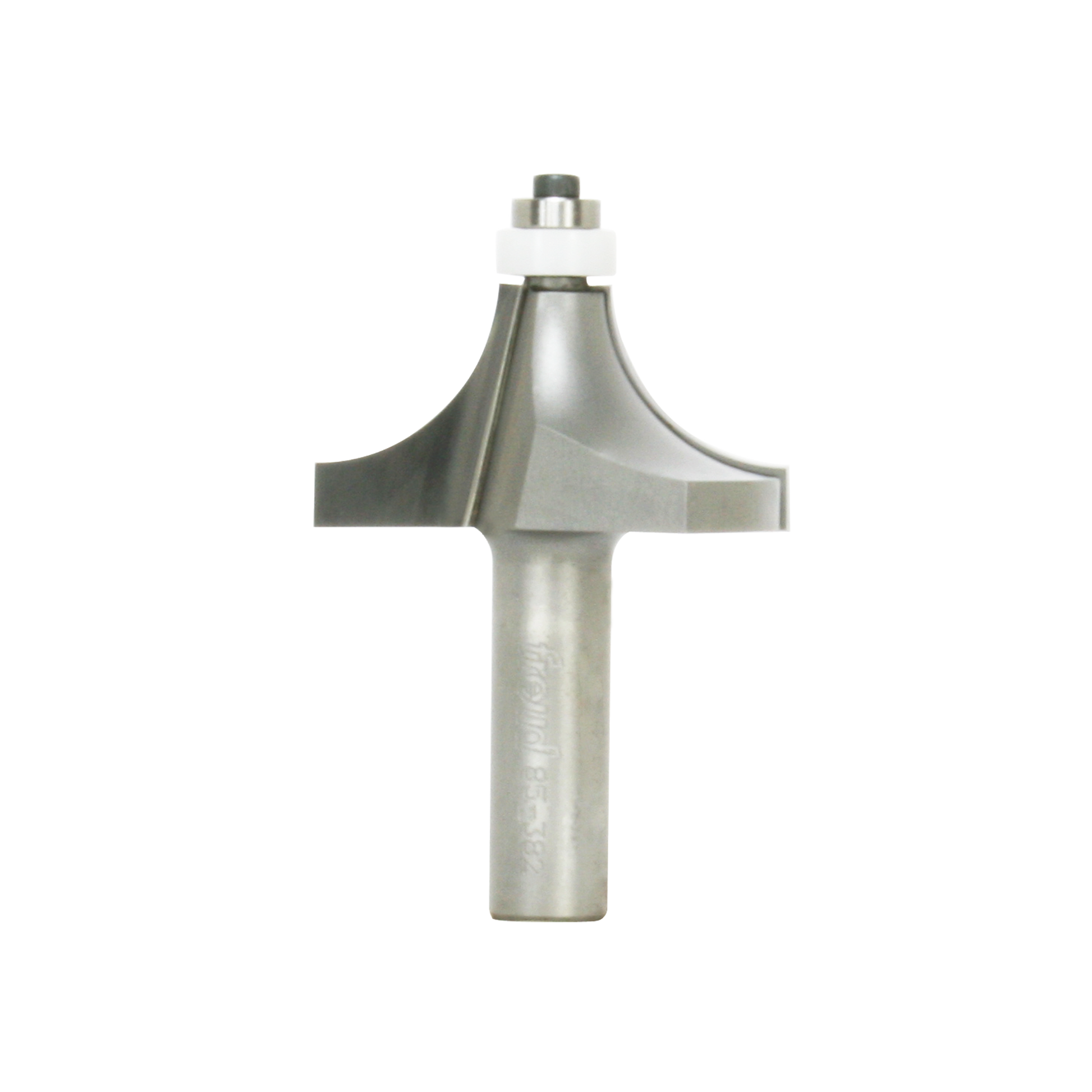 Silver metal rounding over router bit with bearing guide and cylindrical shank.