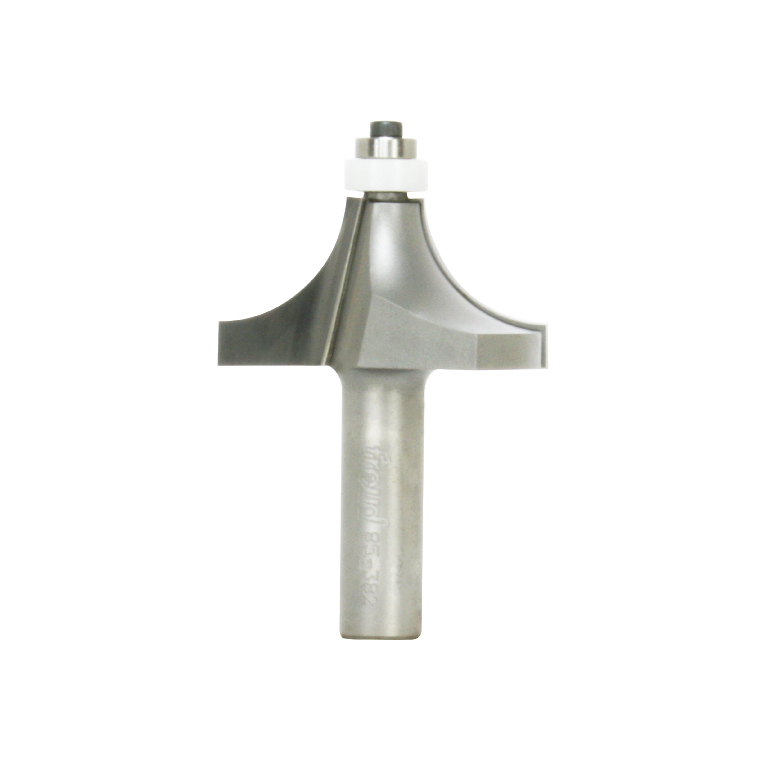 Silver metal rounding over router bit with bearing guide and cylindrical shank.