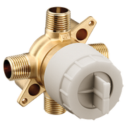Brass and white valve with four ports, threaded connections, and mounting flanges for plumbing installation.