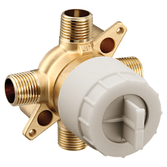 Brass and white valve with four ports, threaded connections, and mounting flanges for plumbing installation.