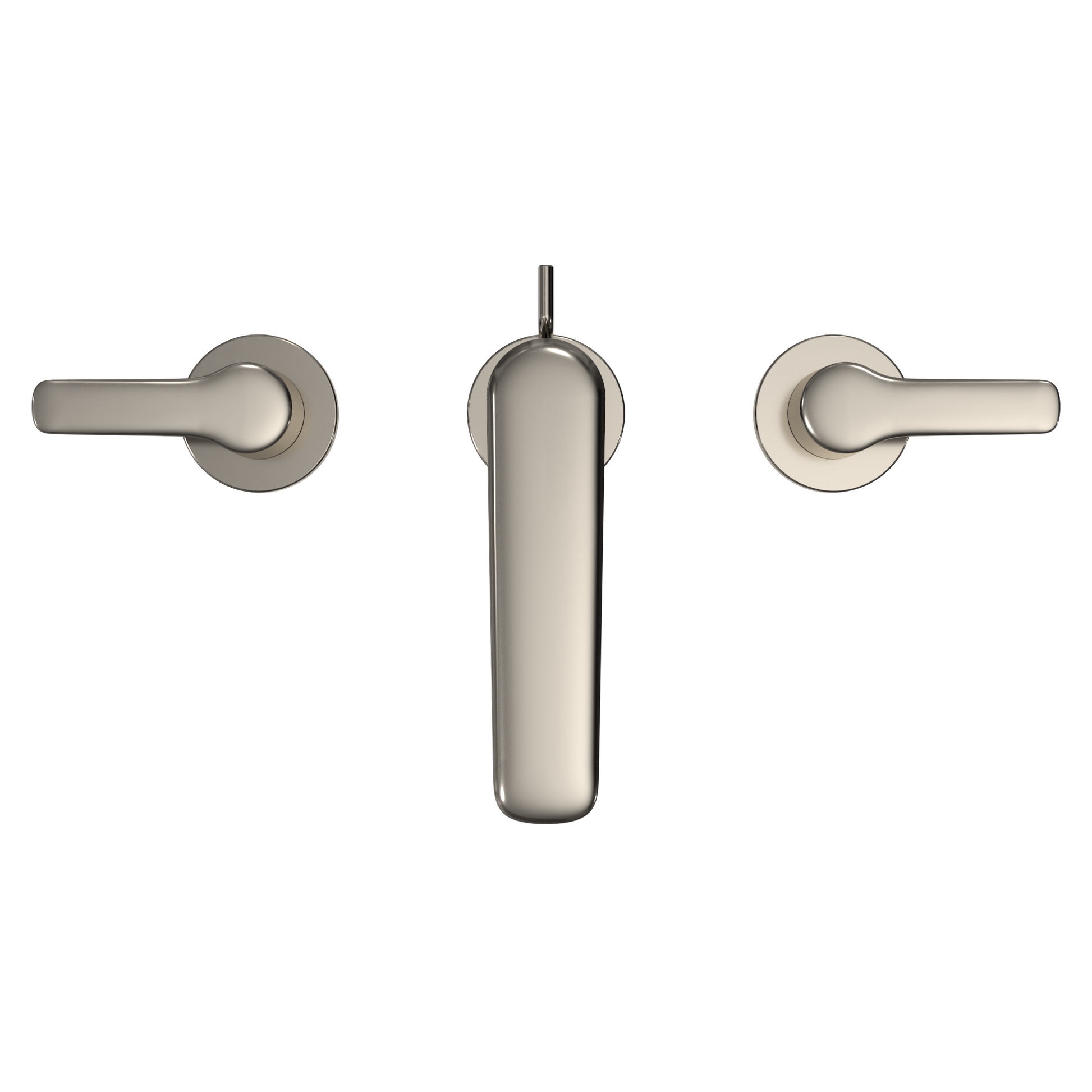 Polished nickel two-handle widespread bathroom sink faucet with cylindrical spout and lever handles.