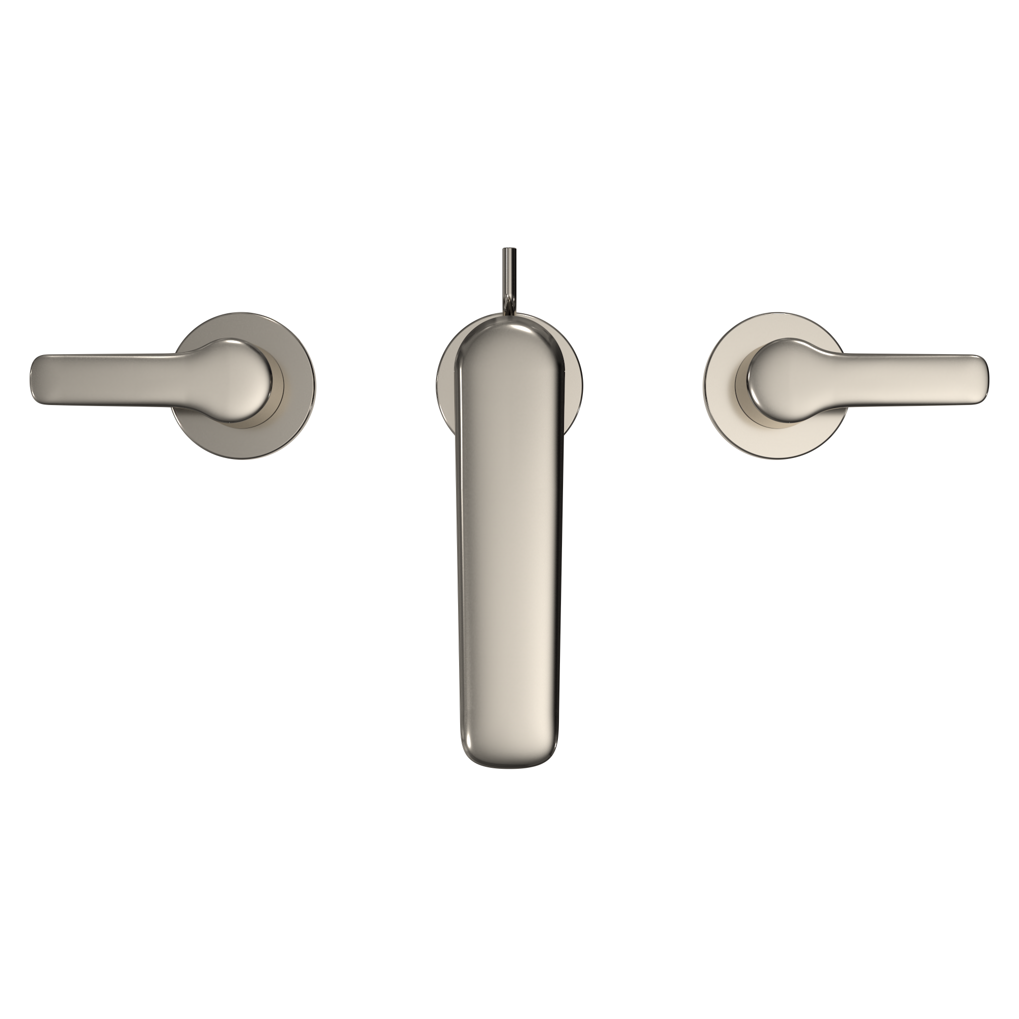 Polished nickel two-handle widespread bathroom sink faucet with cylindrical spout and lever handles.