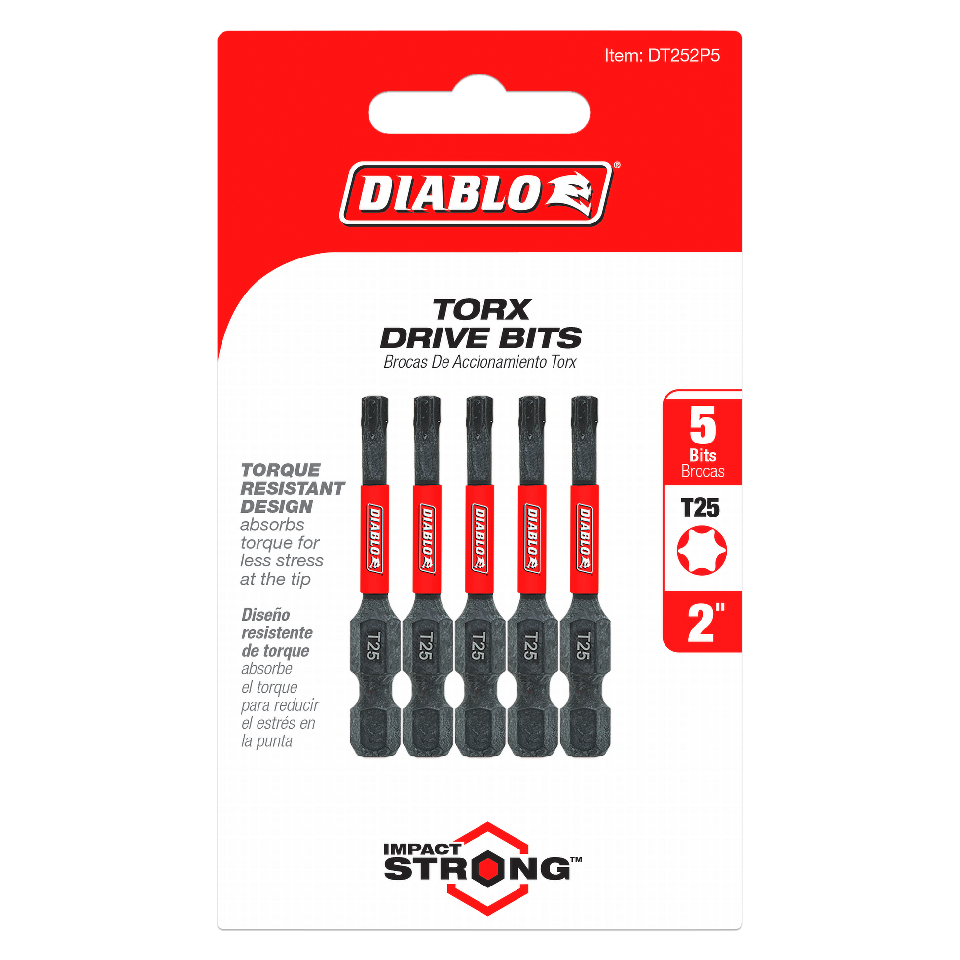 Five black and red Diablo #25 Torx drive bits, 2 inches long, displayed on red packaging with white hanging tab.