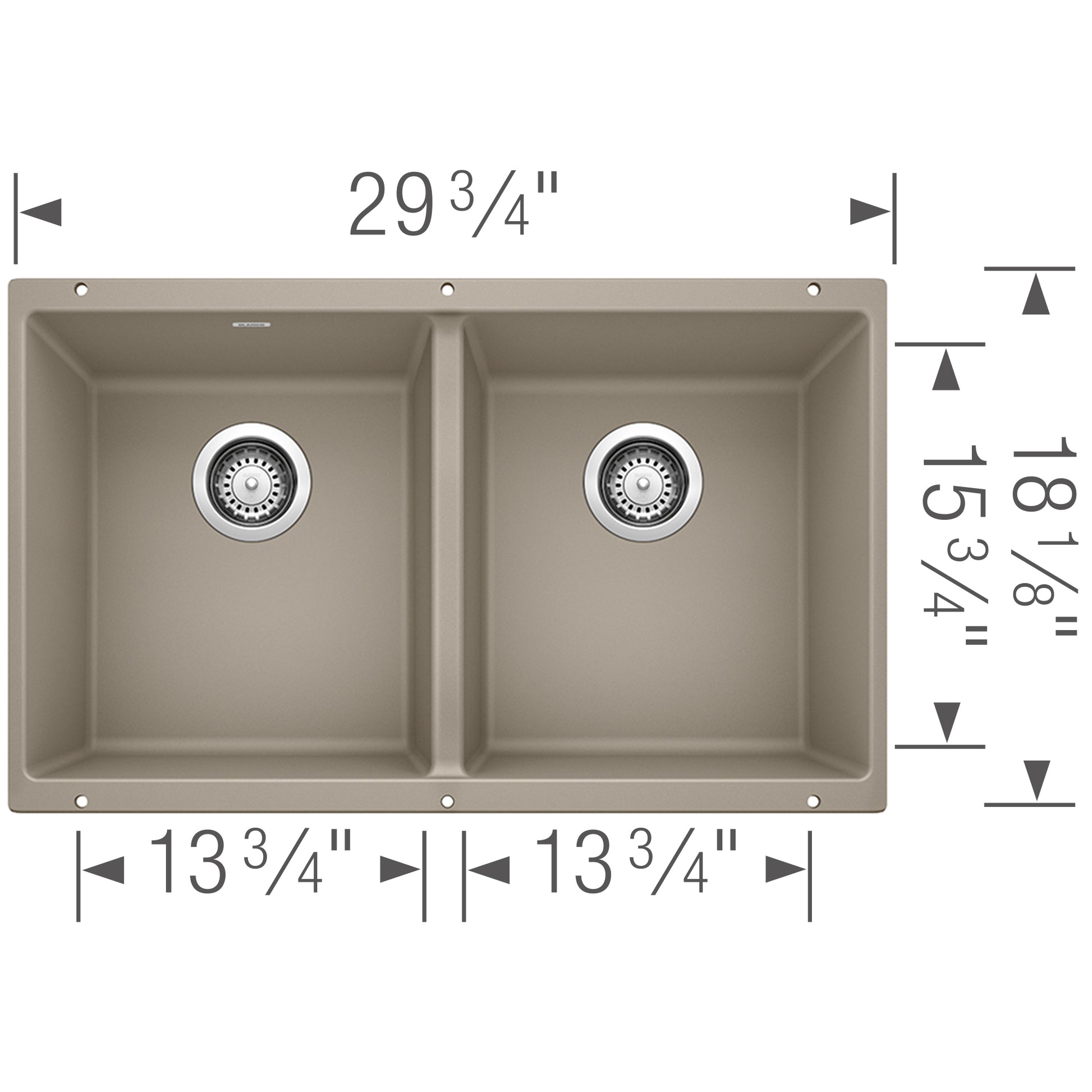 Truffle undermount double bowl kitchen sink with two equal-sized basins and chrome drain strainers, 29¾" wide.