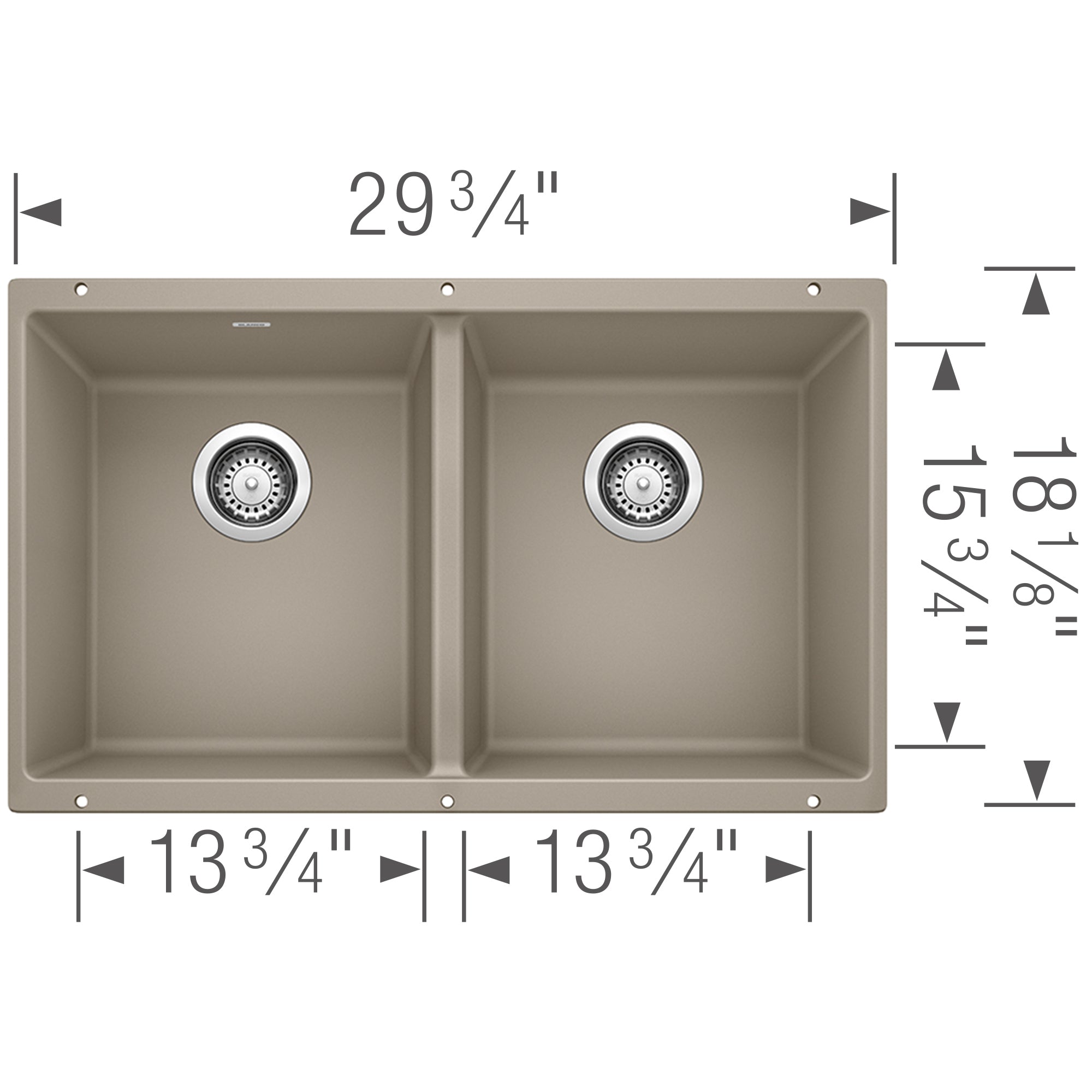 Truffle undermount double bowl kitchen sink with two equal-sized basins and chrome drain strainers, 29¾" wide.