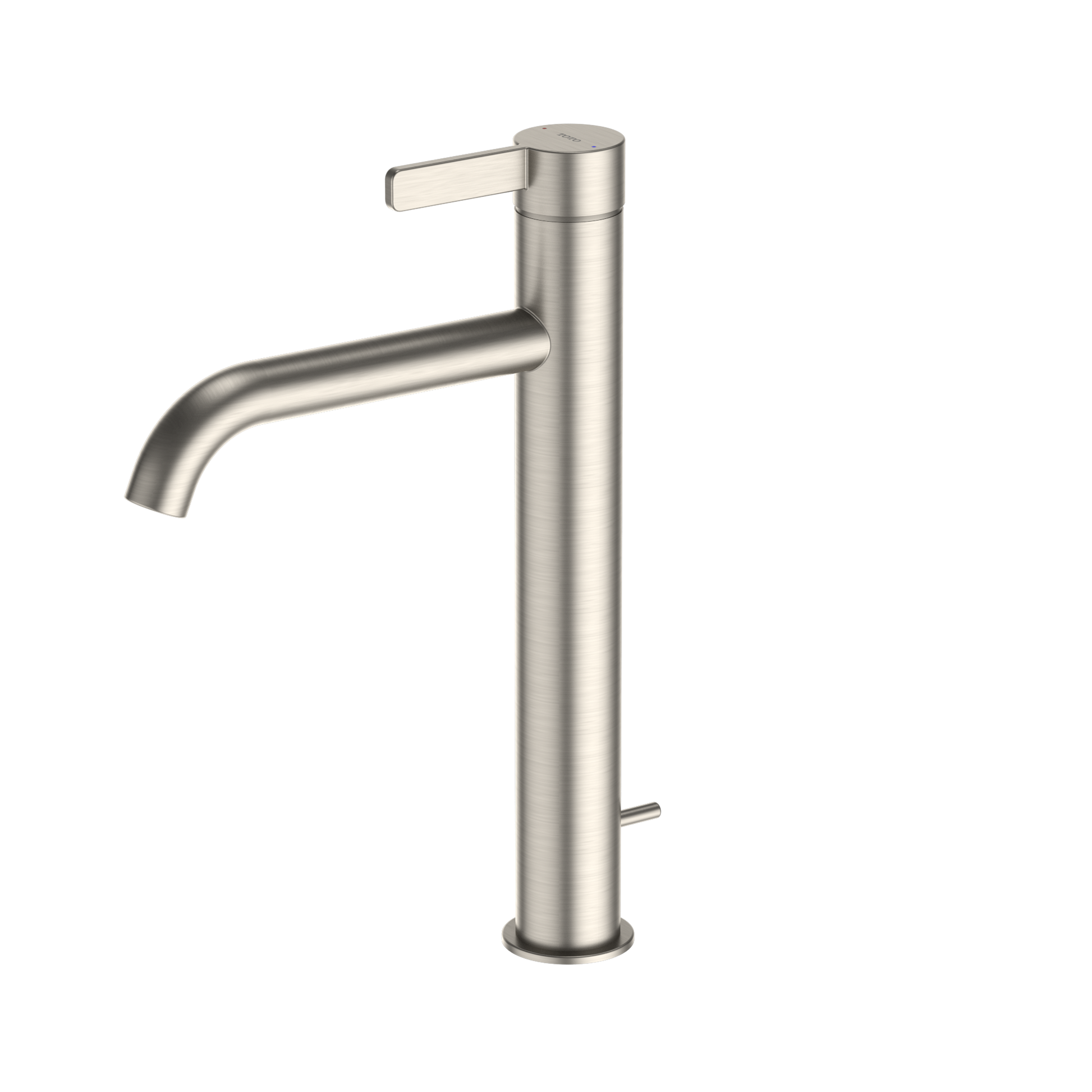 Brushed nickel single-handle bathroom sink faucet with tall cylindrical spout and lever control.
