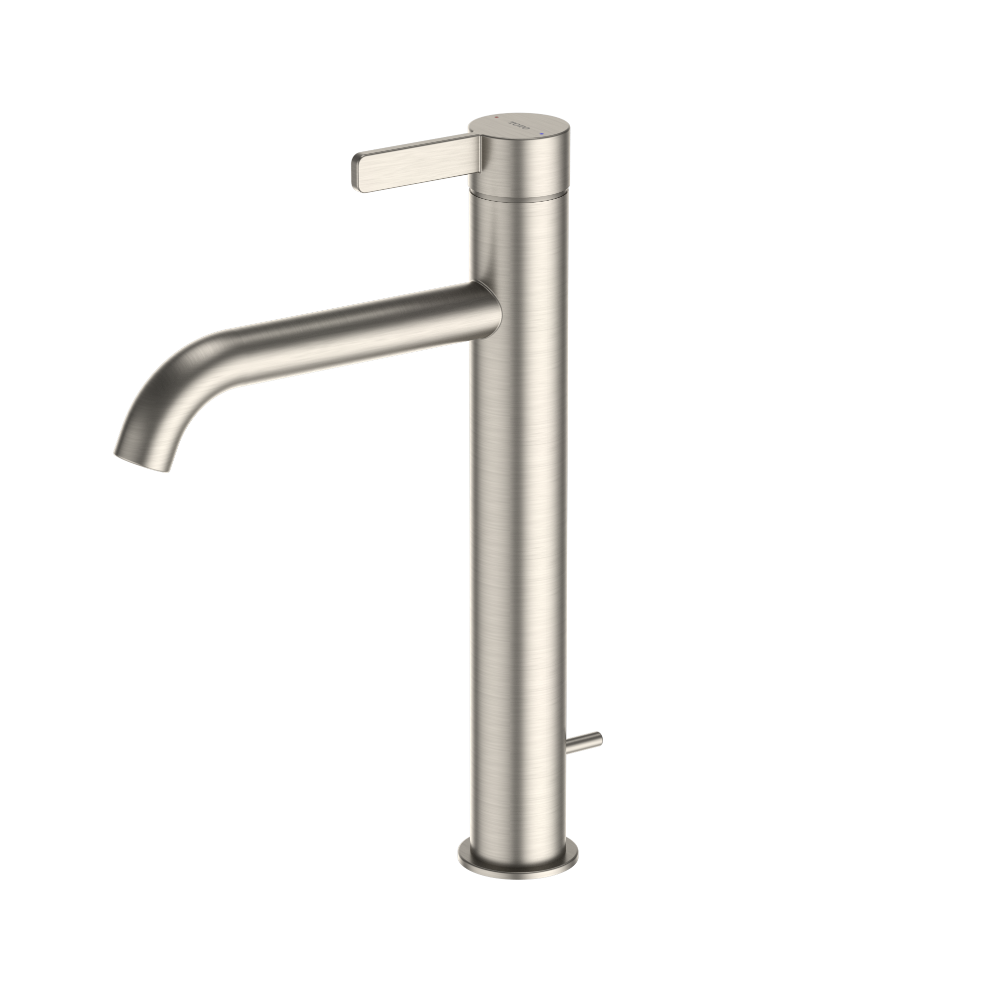 Brushed nickel single-handle bathroom sink faucet with tall cylindrical spout and lever control.