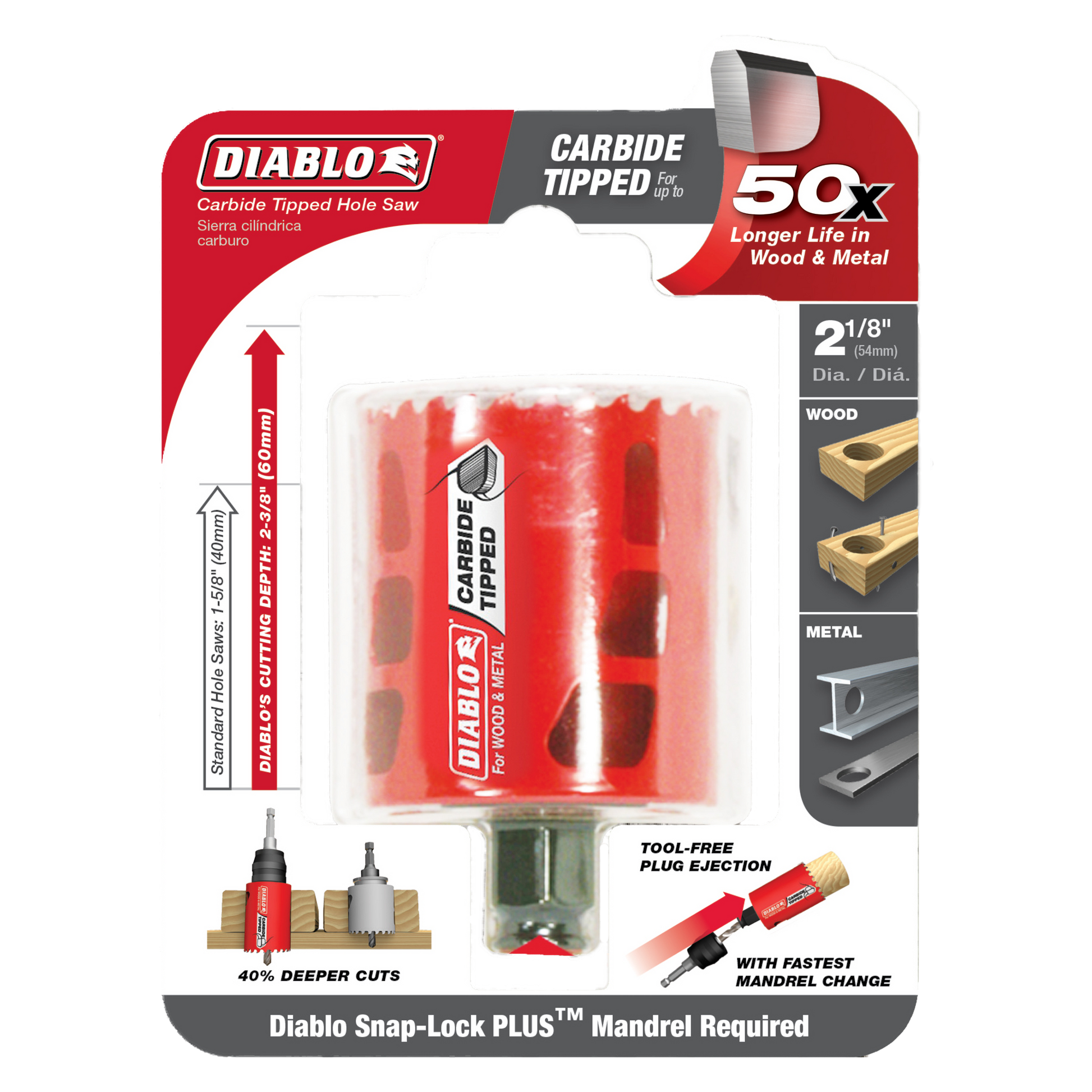 Diablo carbide-tipped holesaw, 2-1/8 inch diameter, red body with metal cutting head in clear plastic packaging.