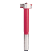 Forstner bit with red plastic body and metal cutting head and shank.